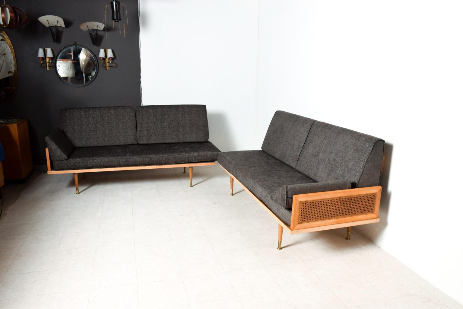 Oiled Mid-Century Modern Wood Cane Daybed Pair of Sofa Set