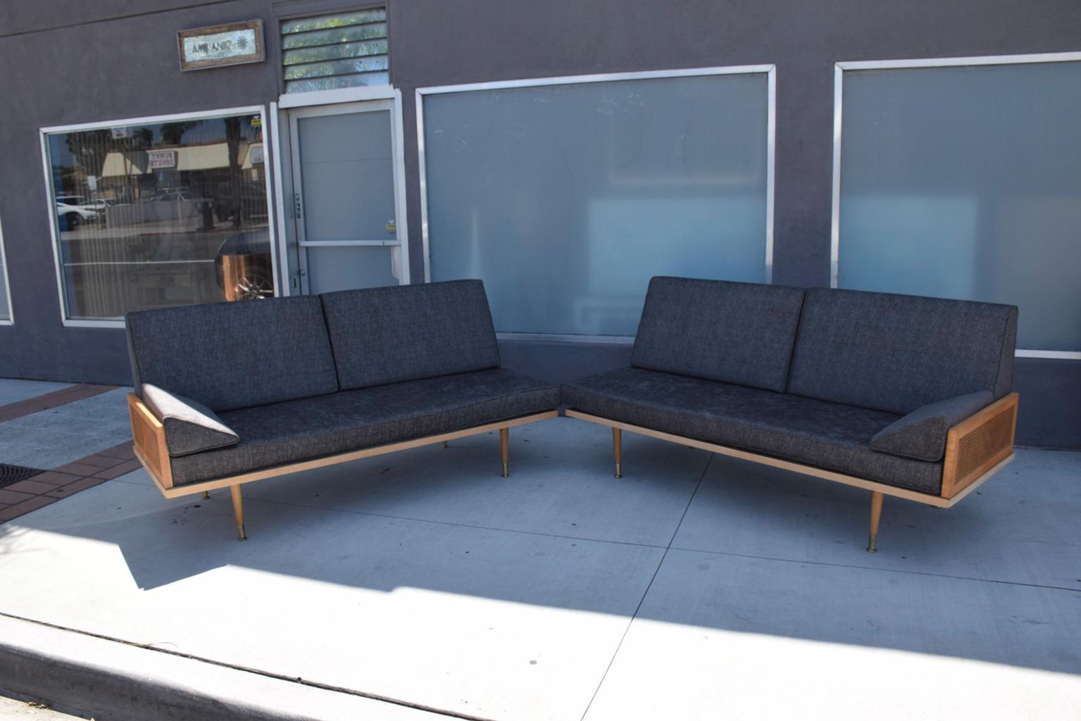 Mid-Century Modern Wood Cane Daybed Pair of Sofa Set In Good Condition In Chula Vista, CA