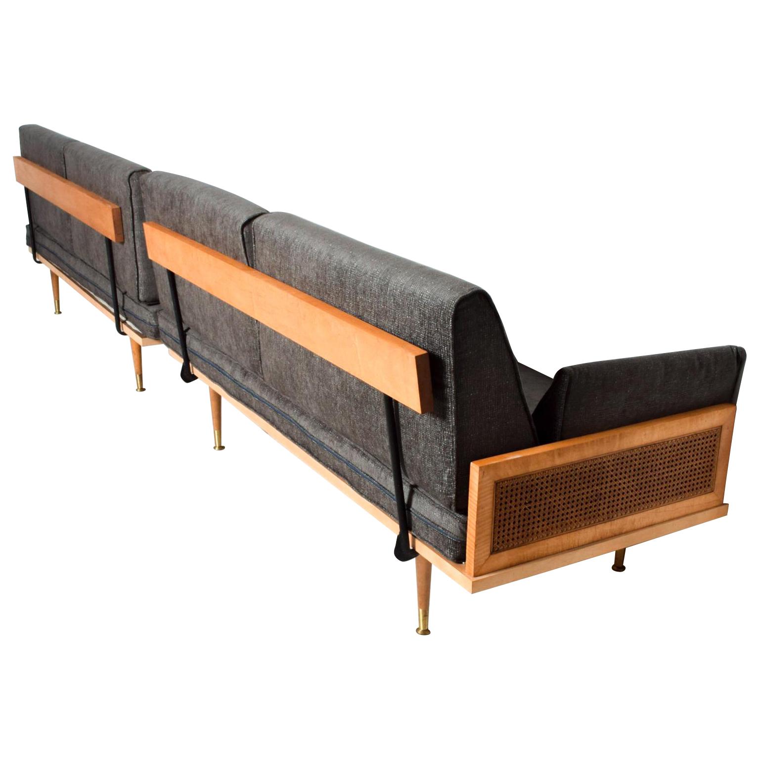 Mid-Century Modern Wood Cane Daybed Pair of Sofa Set