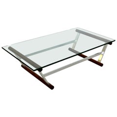 Mid-Century Modern Wood Chrome & Glass Coffee Table Baughman Founder Style 1970s