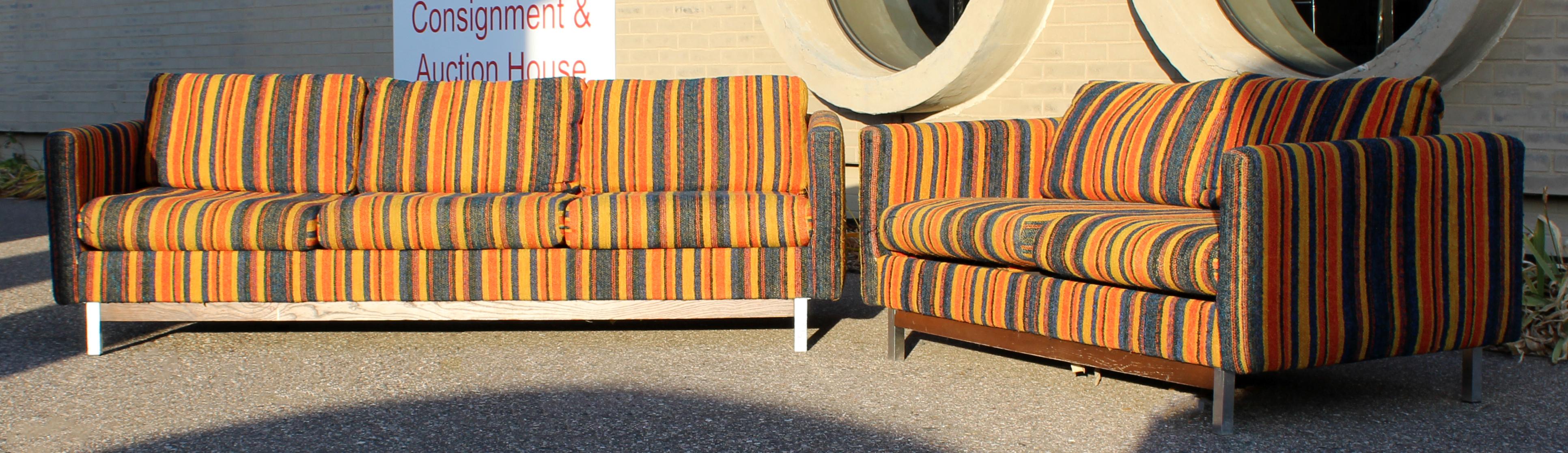 For your consideration is a spectacular pair of striped sofas, one three seat and one two seat, by Selig Monroe, made in Denmark, circa 1960s. In vintage condition. The dimensions of the sofa are 85