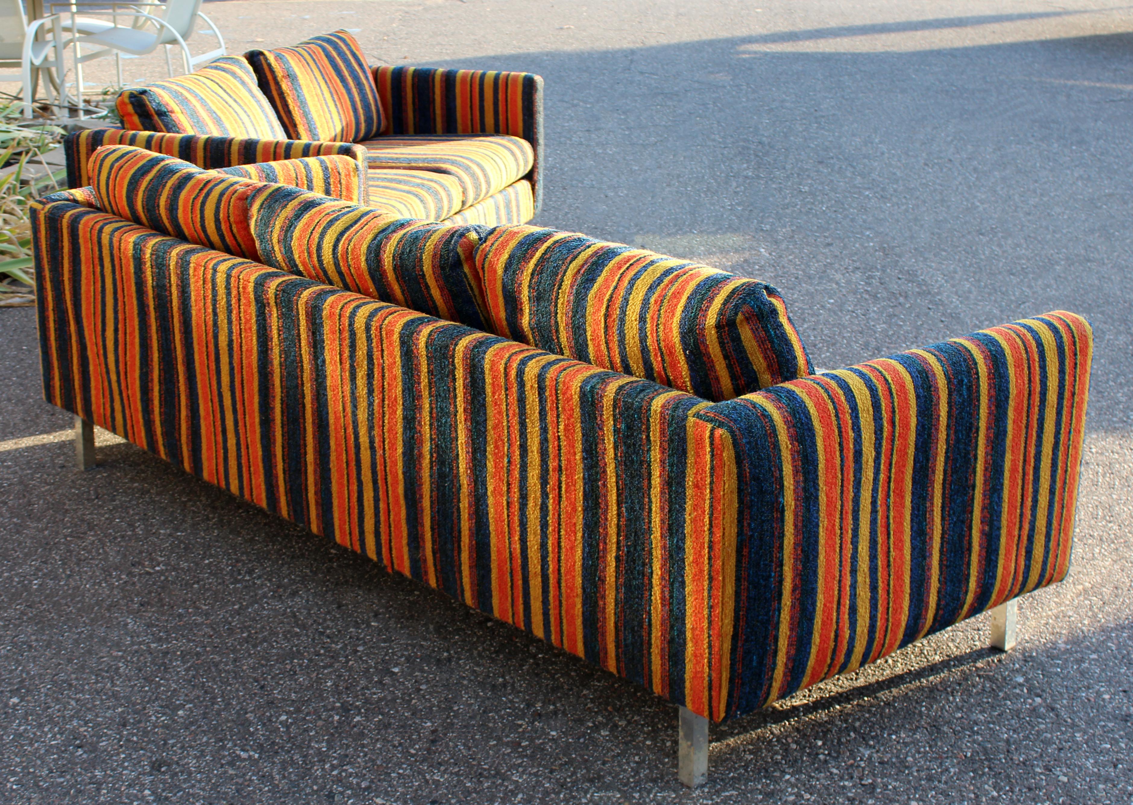 Mid-Century Modern Wood Chrome Pair of Sofa Loveseat Set by Selig Monroe Denmark In Good Condition In Keego Harbor, MI