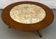 Mid-Century Modern Wood Coffee Table With Faux Marble Glass Top