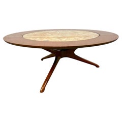 Mid-Century Modern Wood Coffee Table With Faux Marble Glass Top