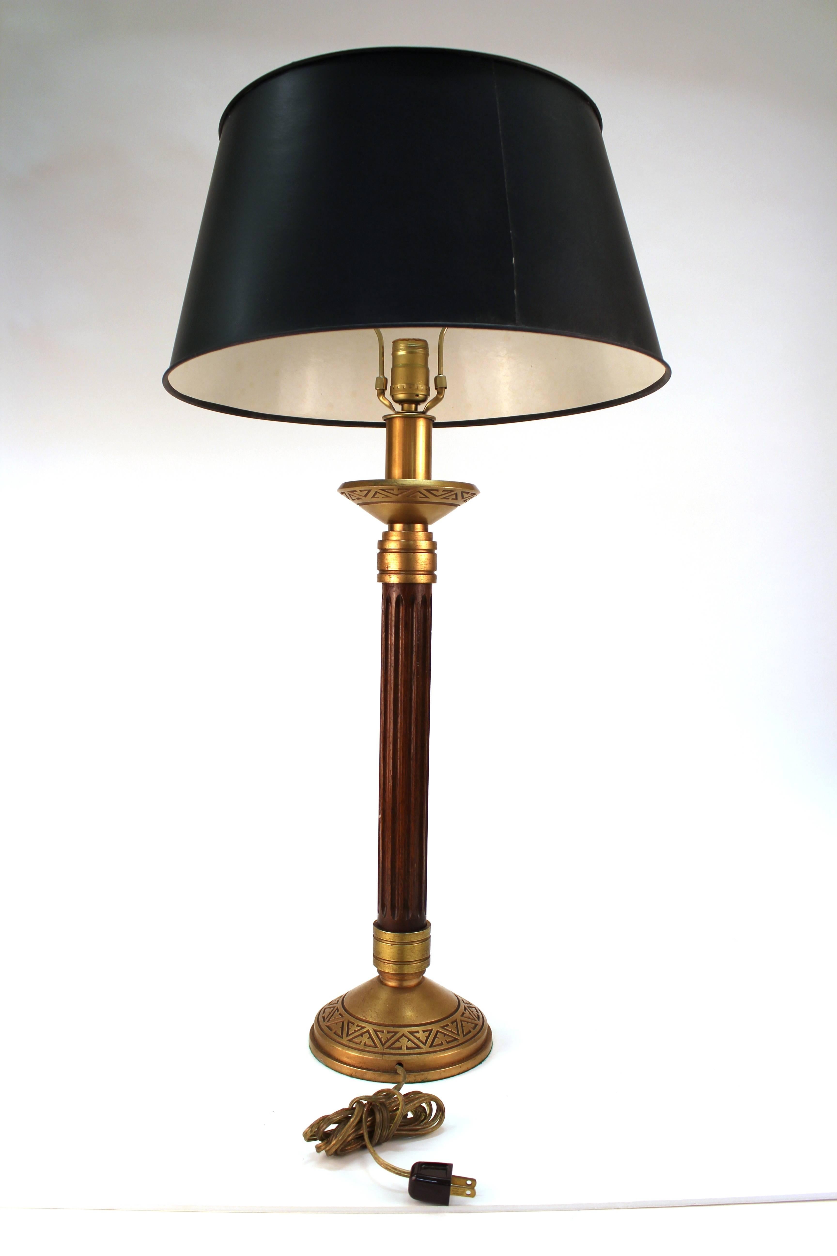 American Mid-Century Modern Wood Column and Greek Key Table Lamps with Black Shades