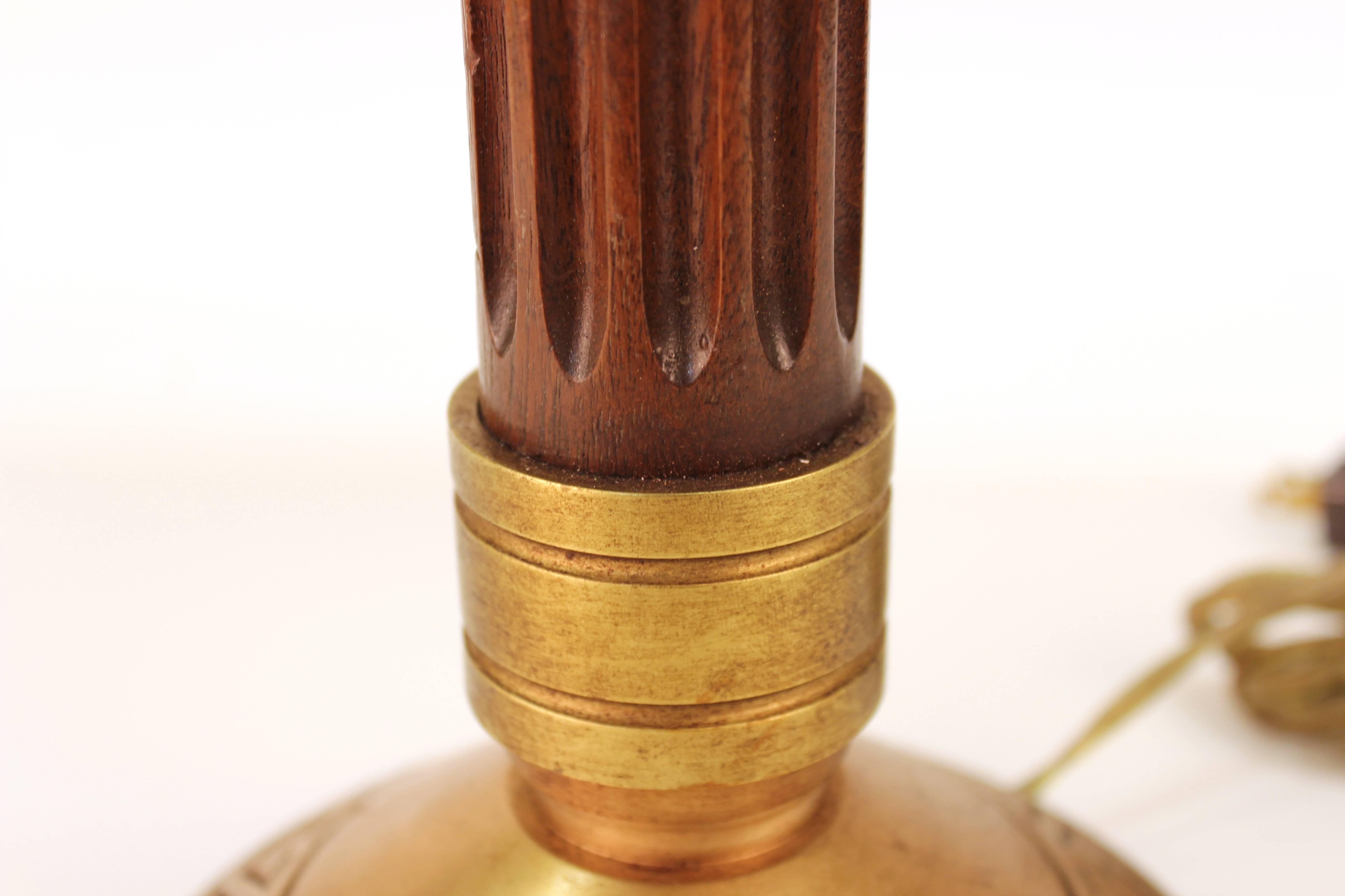 Mid-Century Modern Wood Column and Greek Key Table Lamps with Black Shades 2