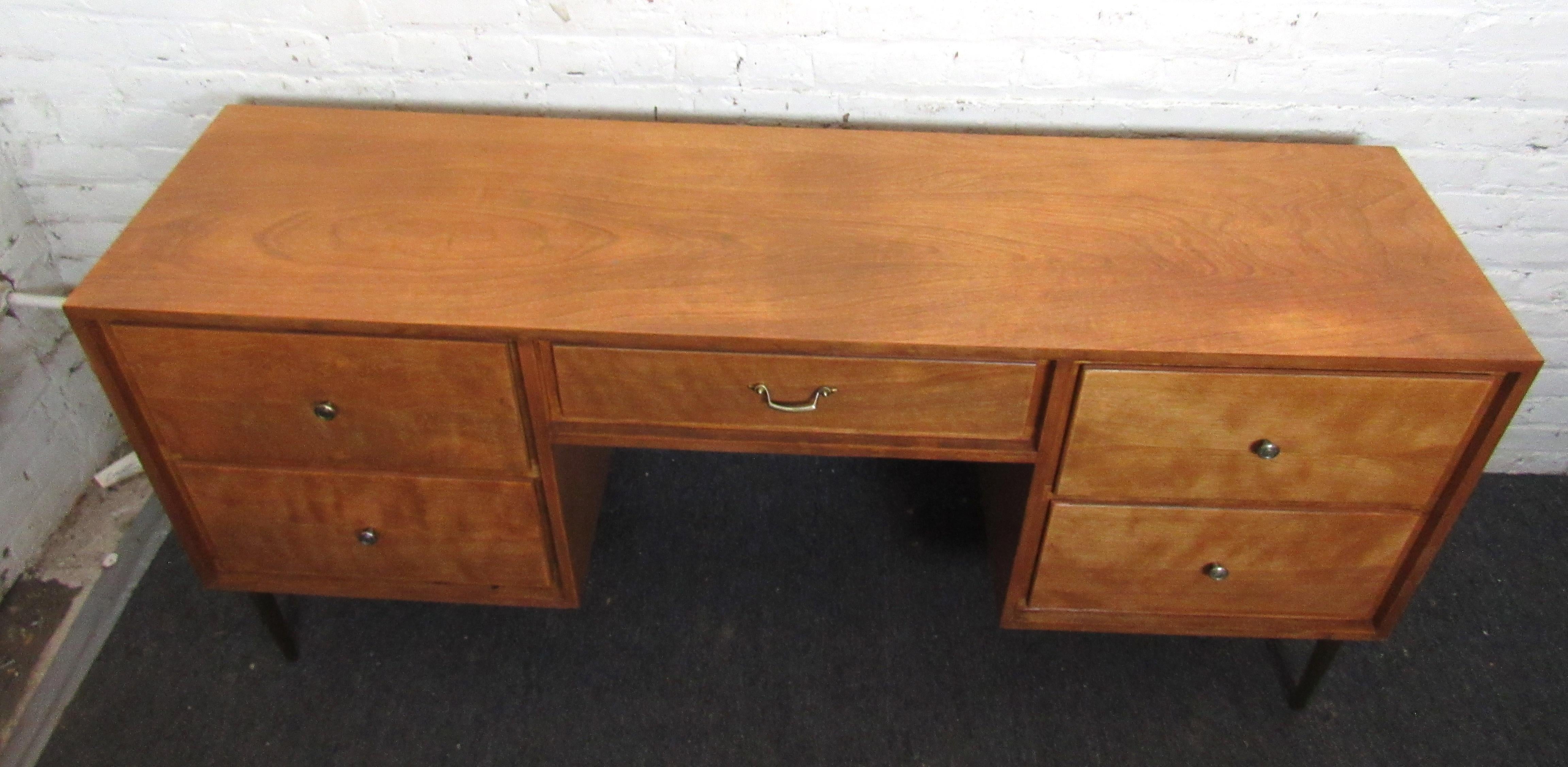 Mid-20th Century Mid-Century Modern Wood Desk with Brass Colored Legs
