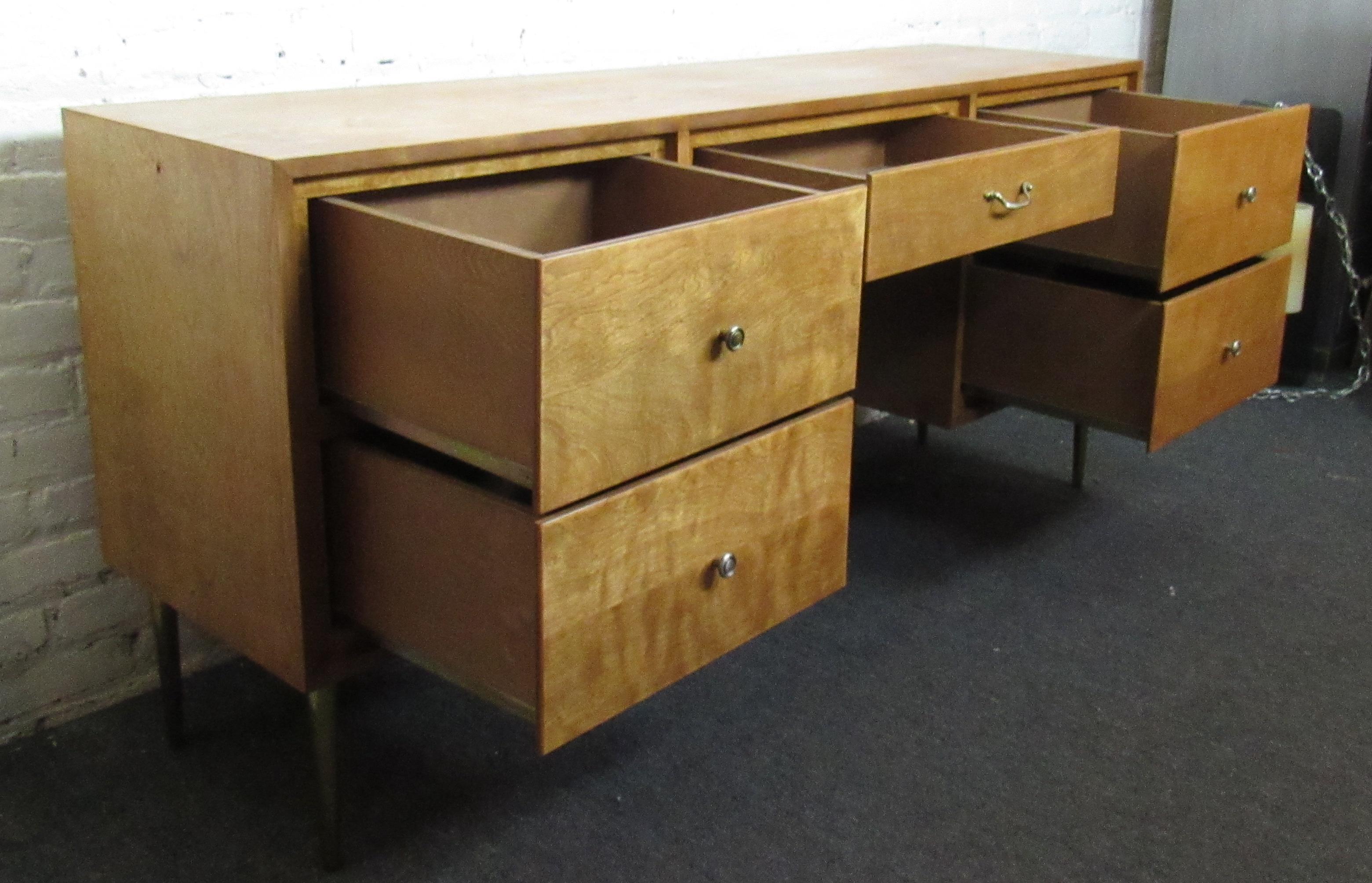 Mid-Century Modern Wood Desk with Brass Colored Legs 1