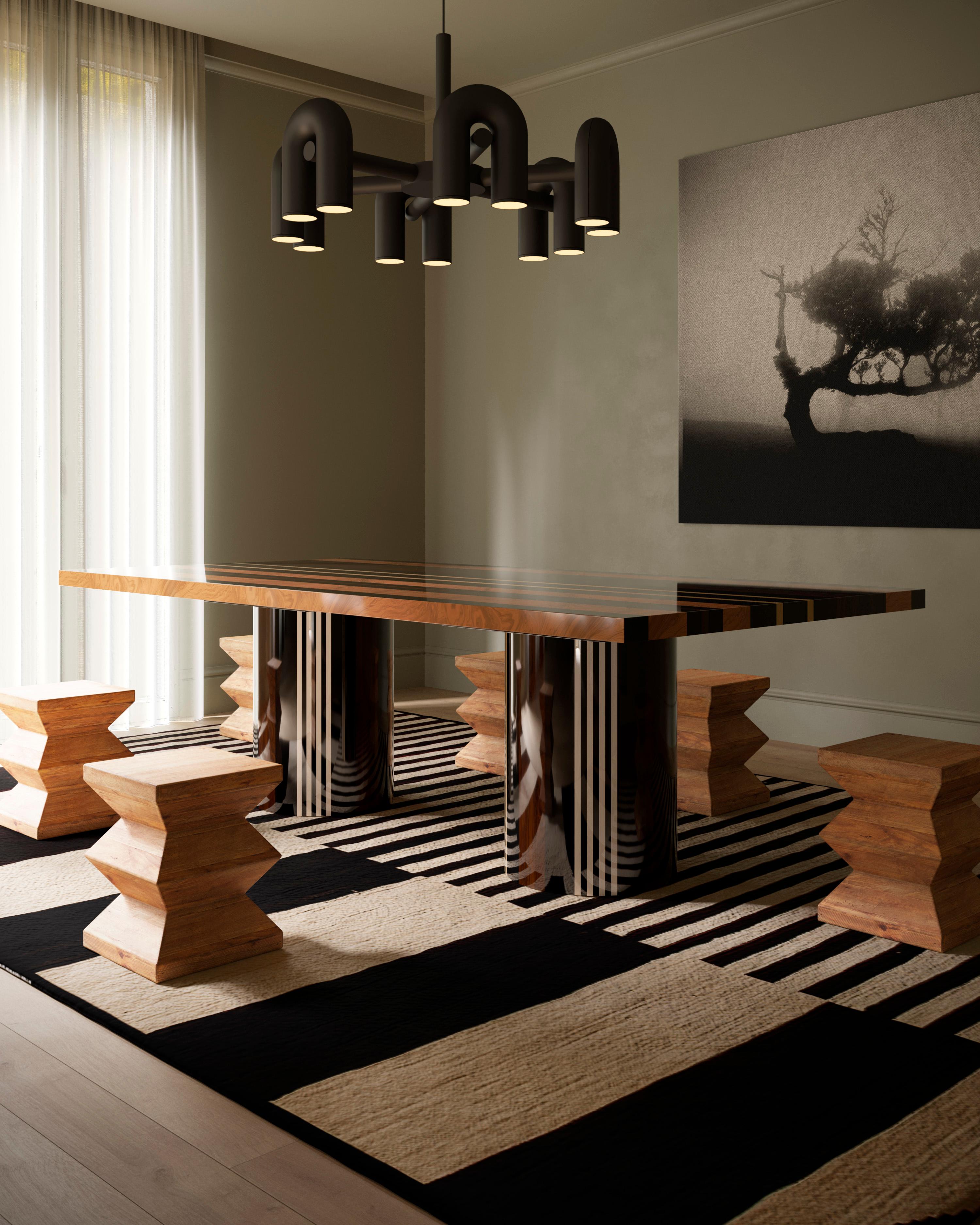 Mid-Century Modern Wood Dining Table Wood Marquetry Palissander Oak Wengue Ash 
The Amadeo Dining Table is a modern masterpiece, combining pure form with timeless materials. It is expertly crafted and showcases traditional wood marquetry reimagined