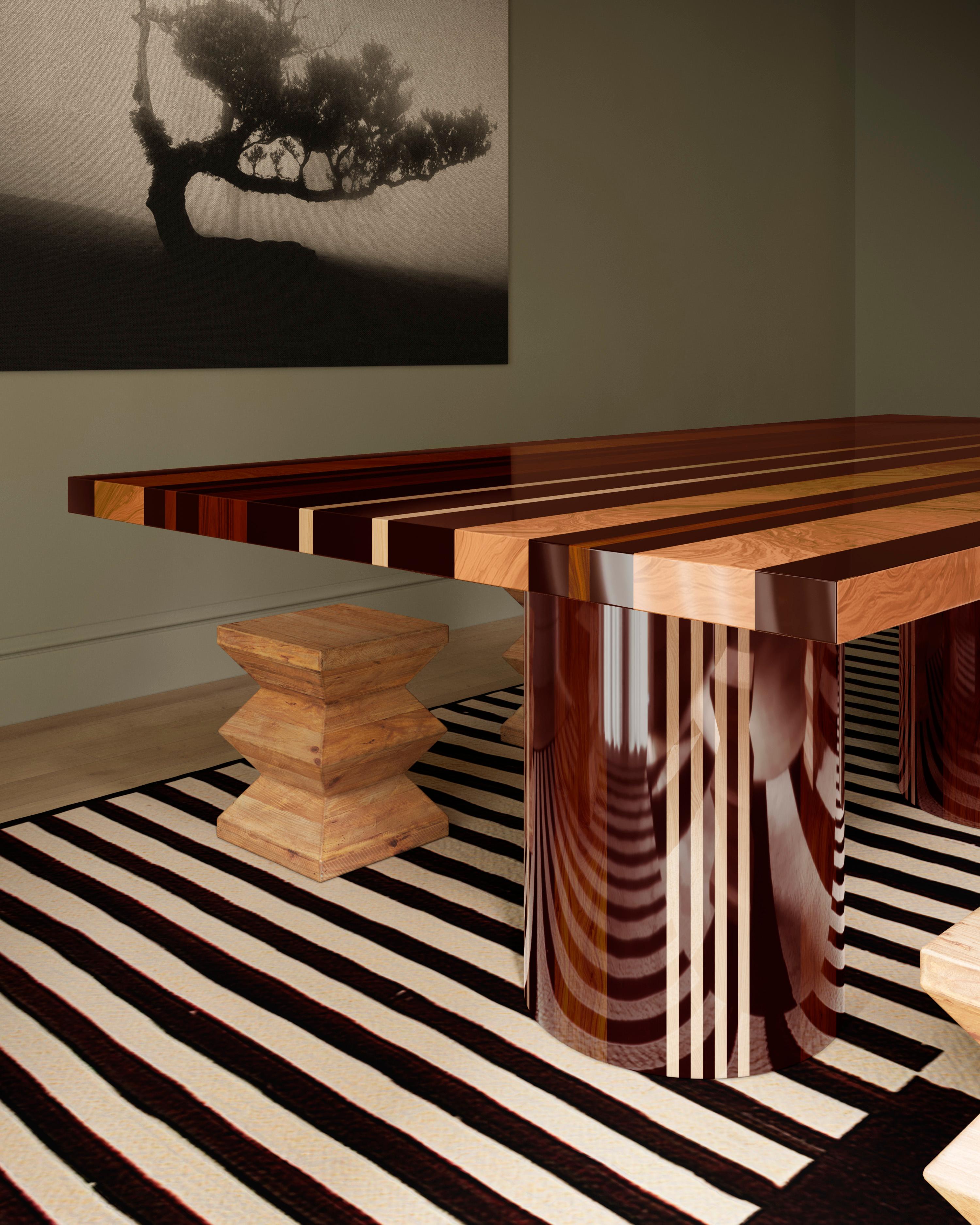 Portuguese Mid-Century Modern Wood Dining Table Wood Marquetry Palisander, Oak, Wengue, Ash For Sale