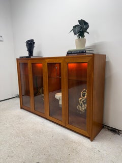 Mid-Century Modern Wood Display Cabinet w/ Glass Doors & Lights