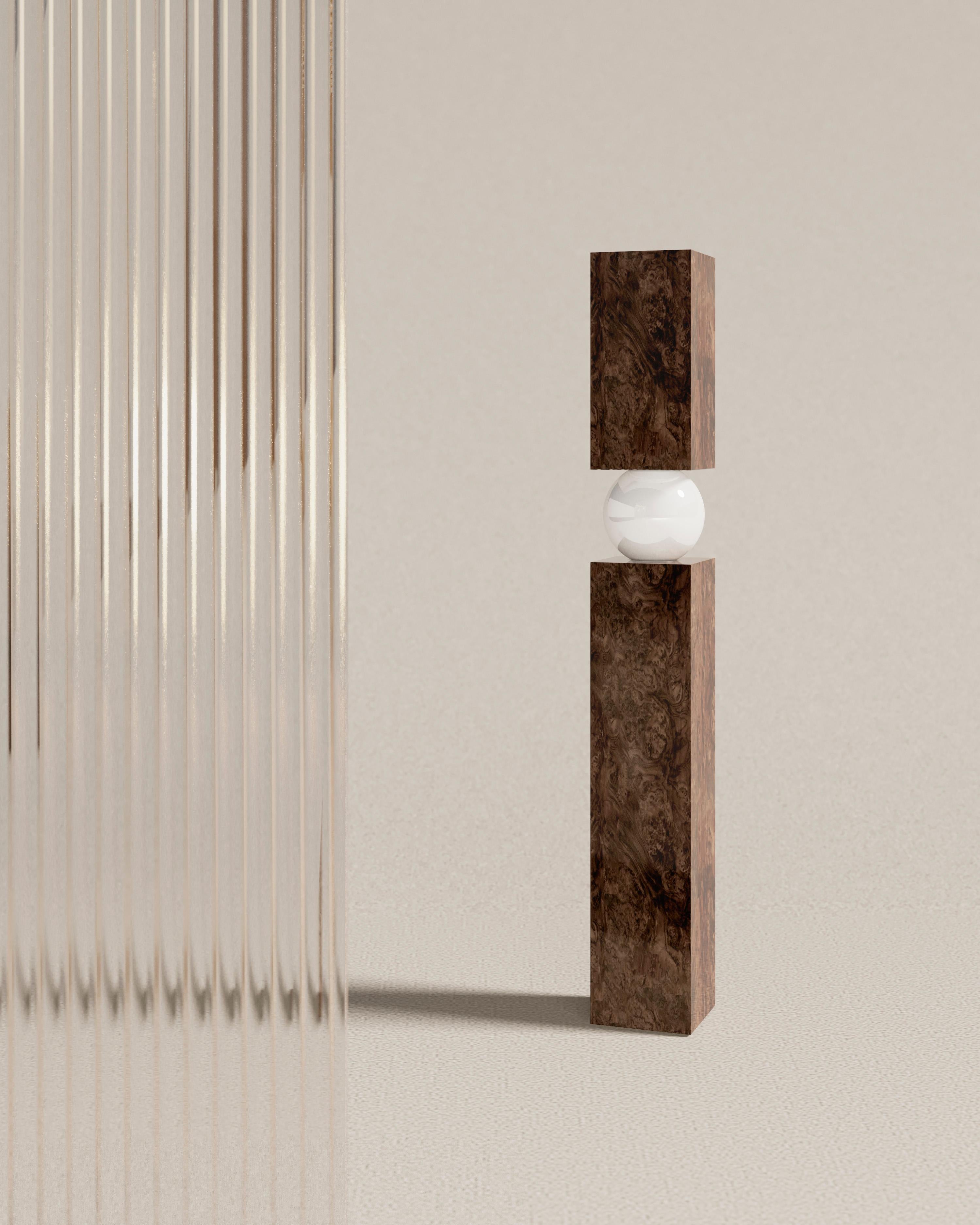 Portuguese Mid-Century Modern Wood Floor Lamp, Column Shape Walnut Root Frosted Glass Light For Sale