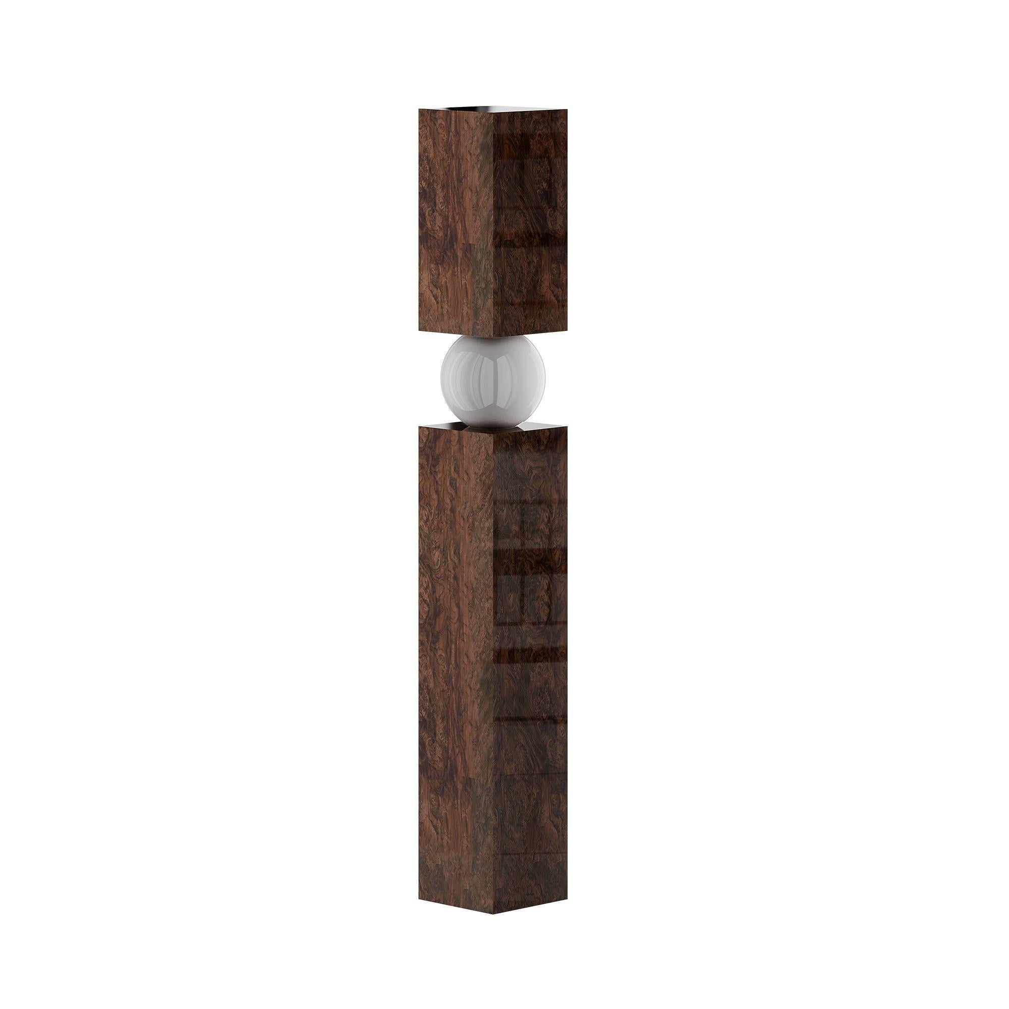 Hand-Crafted Mid-Century Modern Wood Floor Lamp, Column Shape Walnut Root Frosted Glass Light For Sale