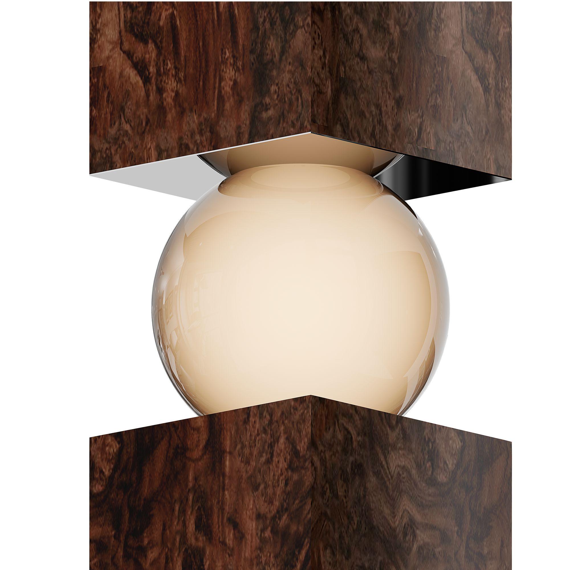 Contemporary Mid-Century Modern Wood Floor Lamp, Column Shape Walnut Root Frosted Glass Light For Sale