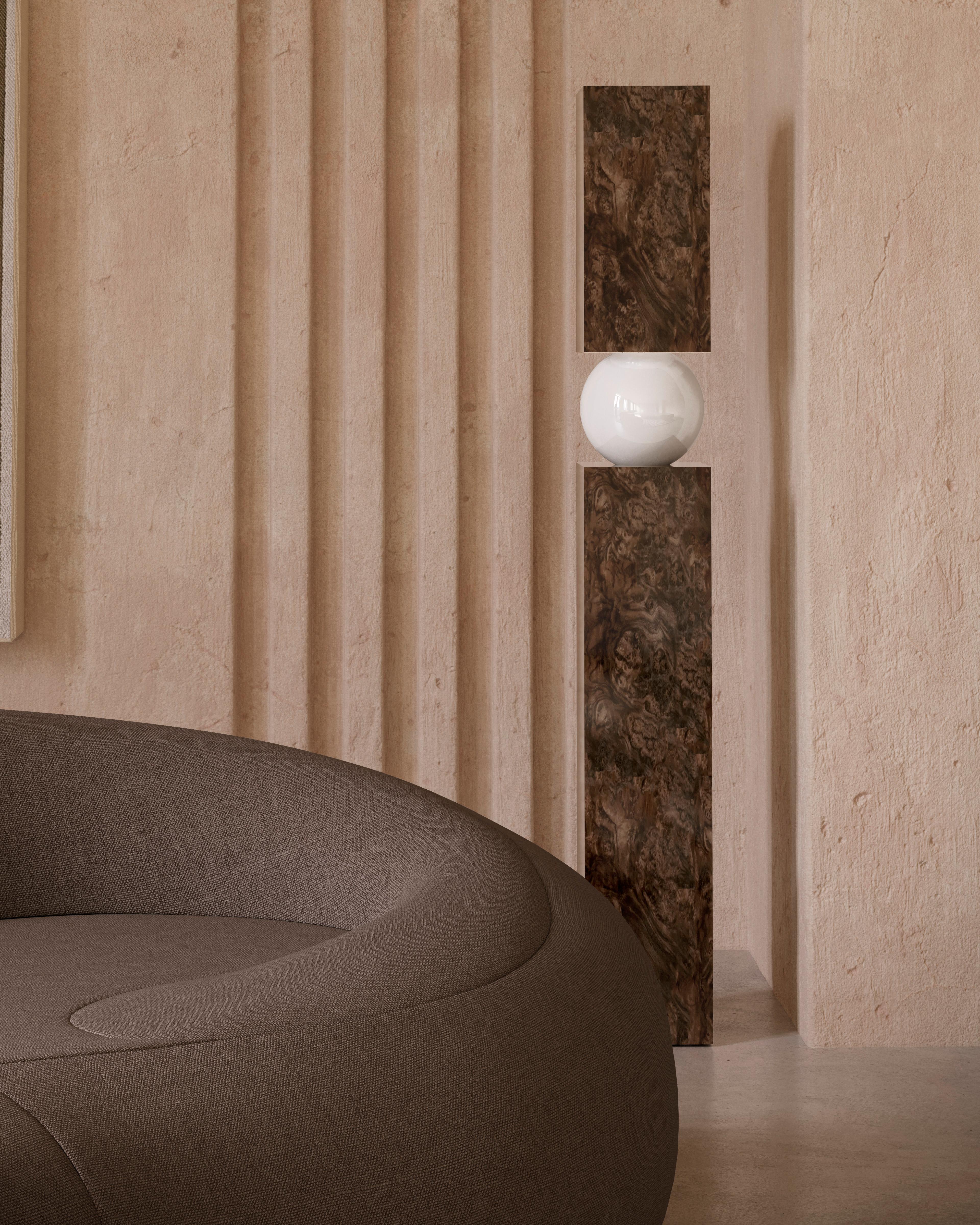 Mid-Century Modern Wood Floor Lamp, Column Shape Walnut Root Frosted Glass Light For Sale 2