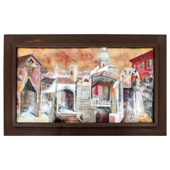 Mid-Century Modern Wood Framed Enamel Art Signed Richard Loving 1960 Cityscape