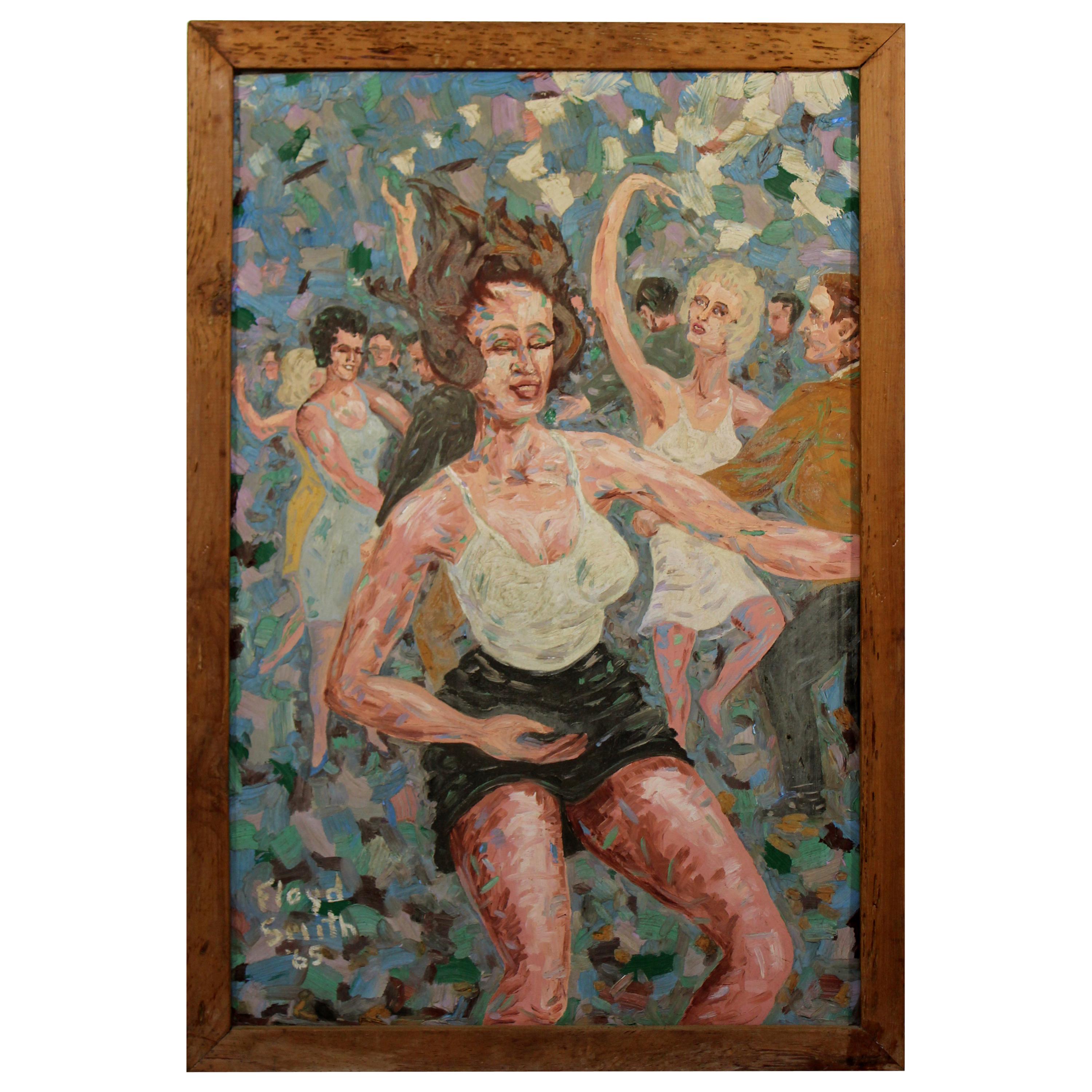 Mid-Century Modern Wood Framed Oil on Canvas Painting Signed Floyd Smith, 1965