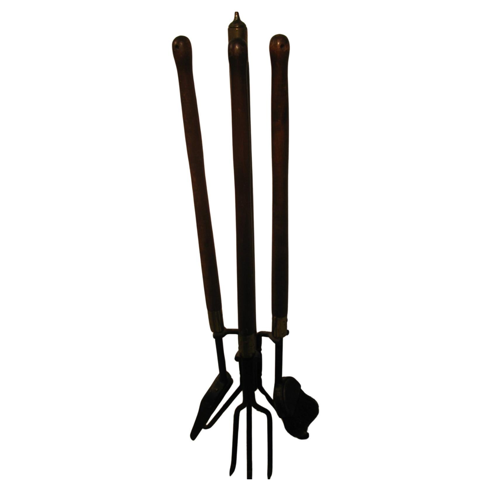 American Mid-Century Modern Wood & Iron Fireplace Tool Set by Seymour For Sale
