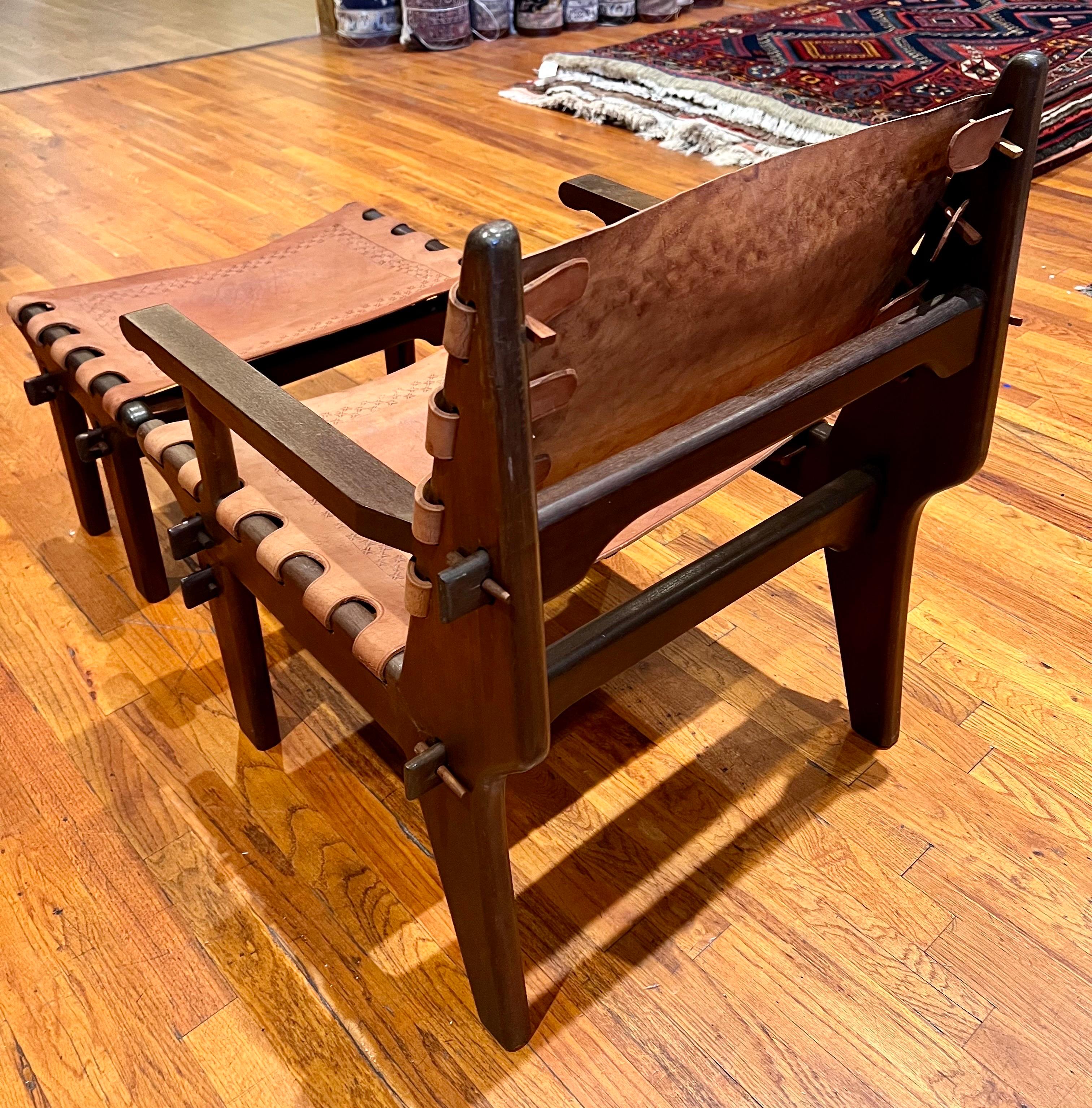 Mid-Century Modern Wood Leather Lounge Chair & Ottoman by Angel Pazmino, 1960s In Good Condition For Sale In San Diego, CA