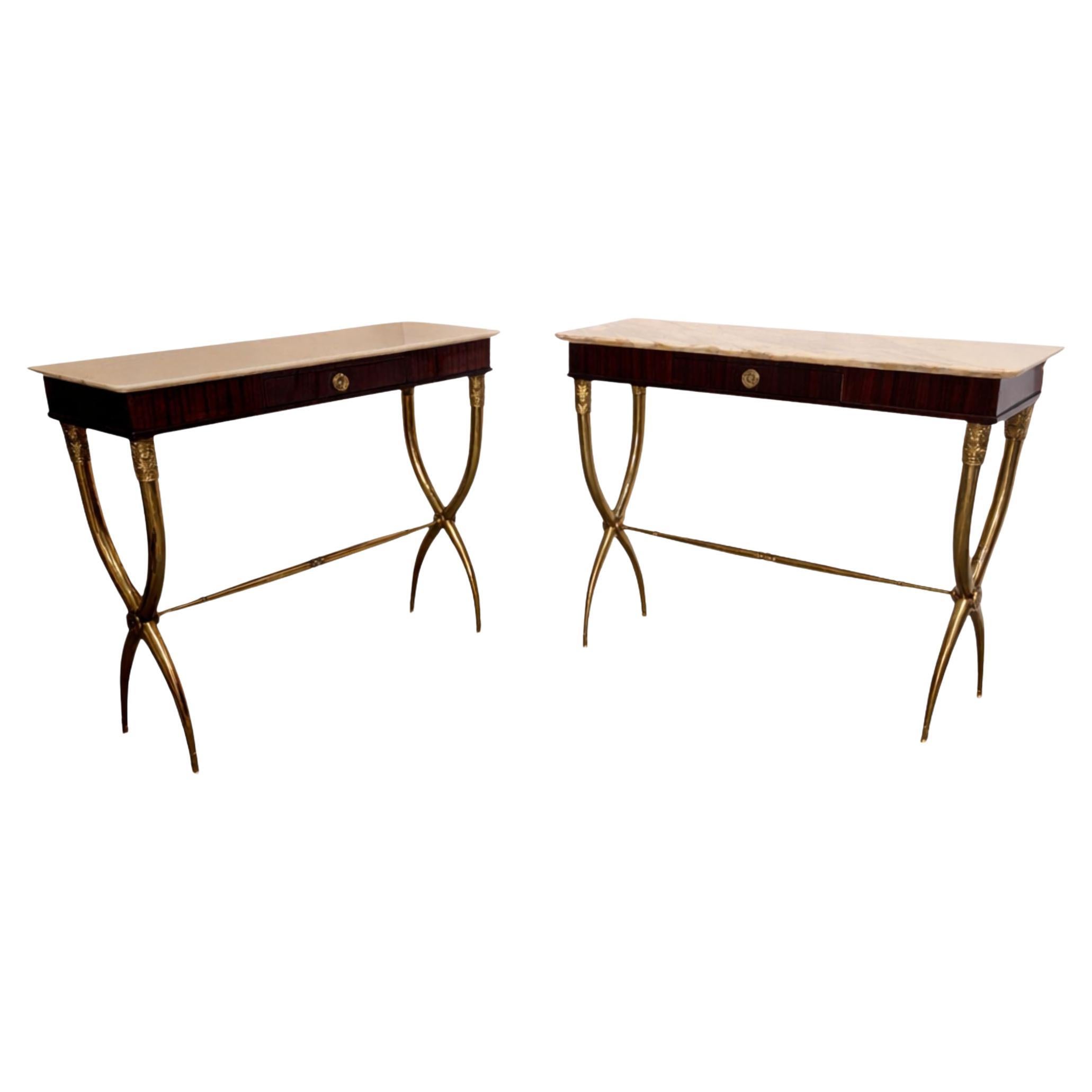 Mid-century modern wood marble brass consoles after Paolo Buffa 50s