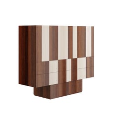 Mid-Century Modern Wood Marquetry Cabinet Stripe Pattern 3 Doors & Drawers
