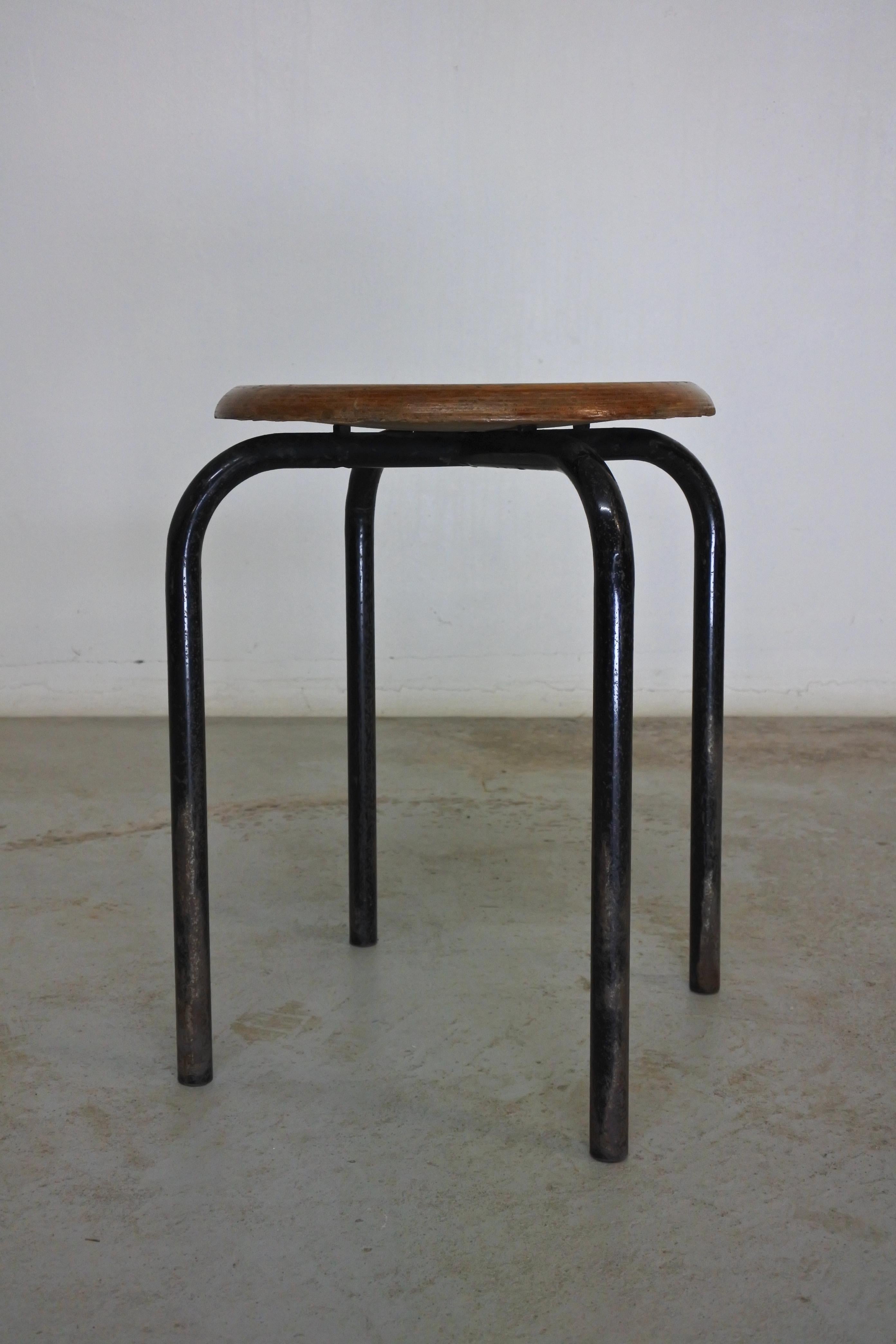 French Mid-Century Modern Wood & Metal Stool Attr. to Atelier Jean Prouve, France 1950s
