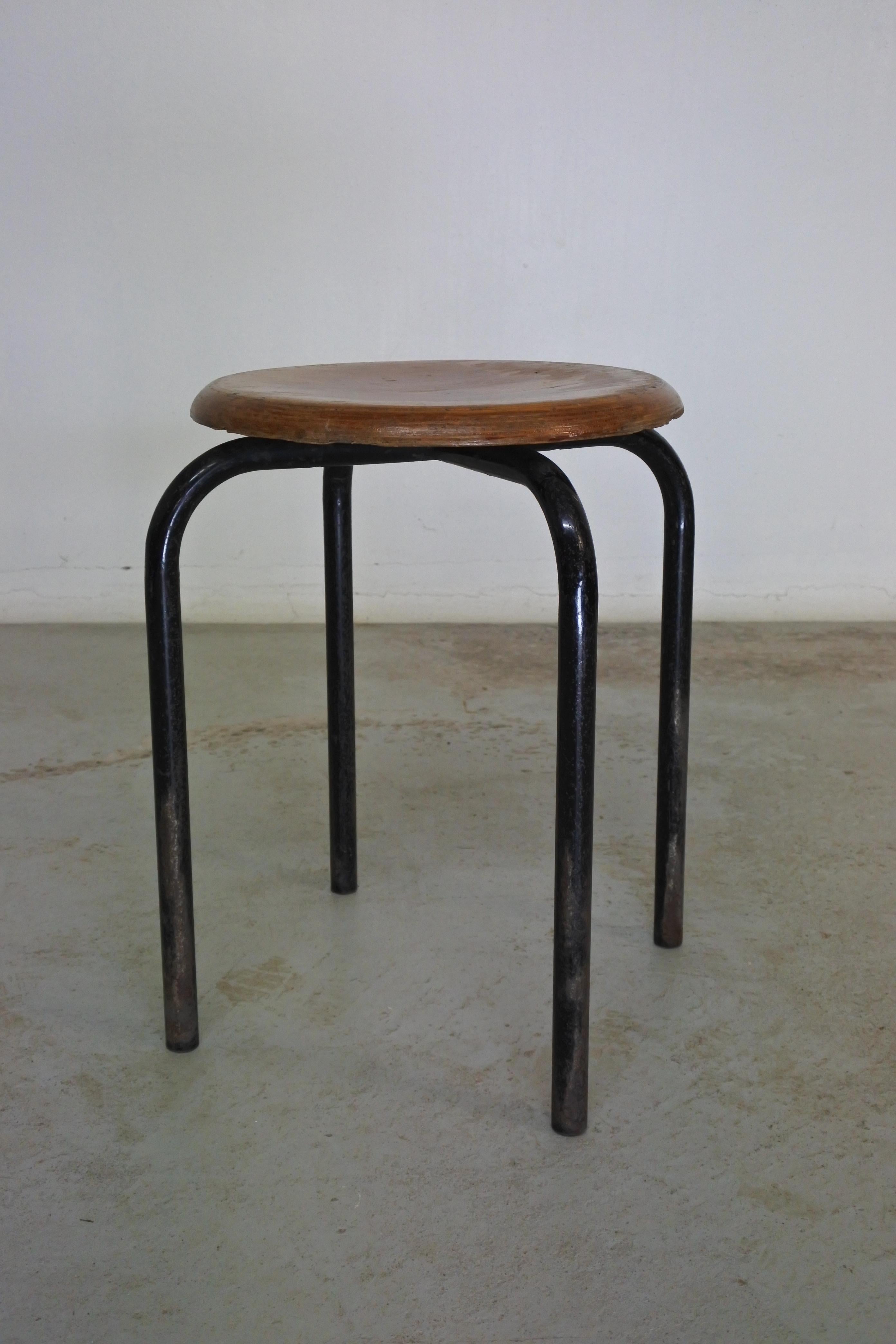 Mid-20th Century Mid-Century Modern Wood & Metal Stool Attr. to Atelier Jean Prouve, France 1950s