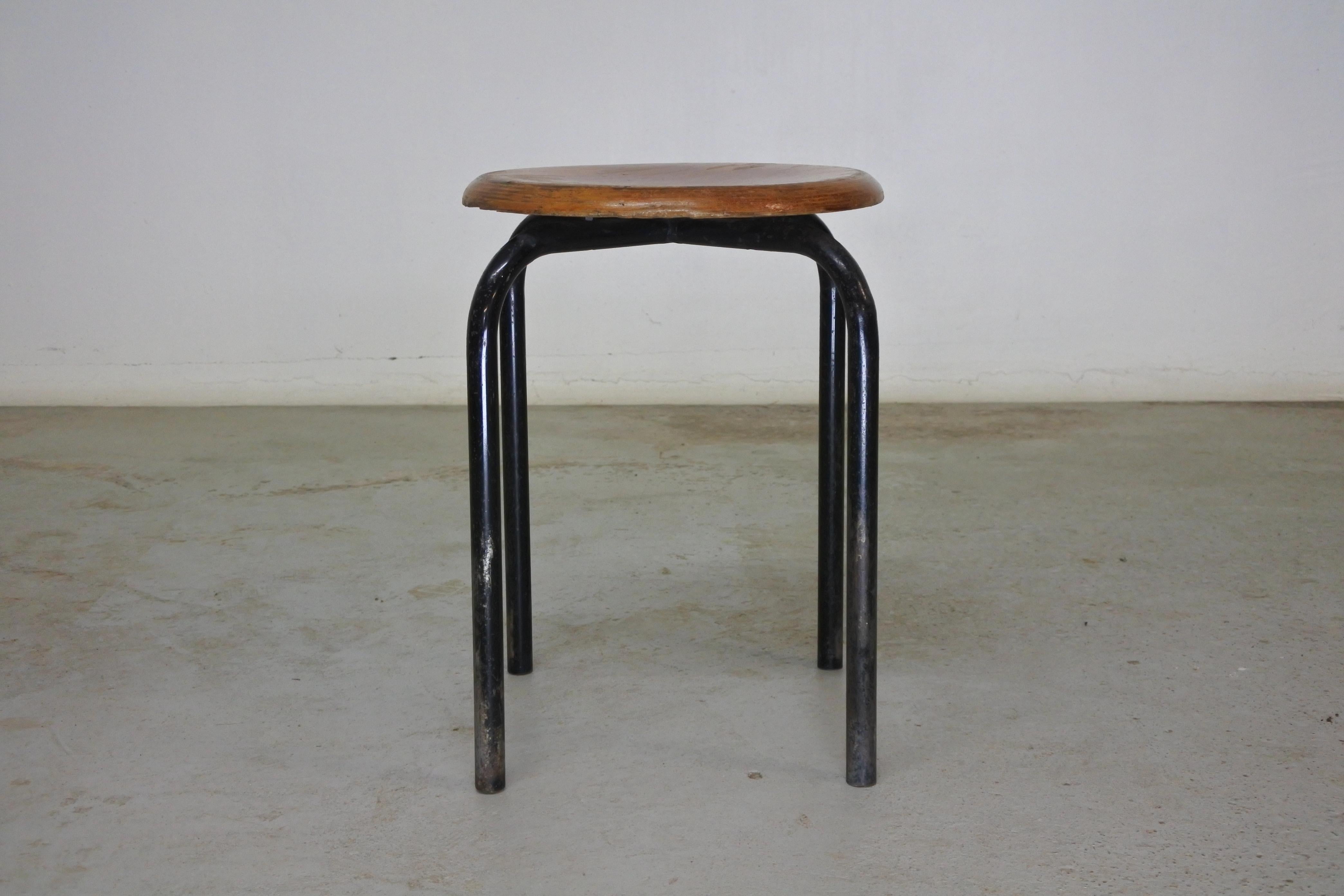 Mid-Century Modern Wood & Metal Stool Attr. to Atelier Jean Prouve, France 1950s 1