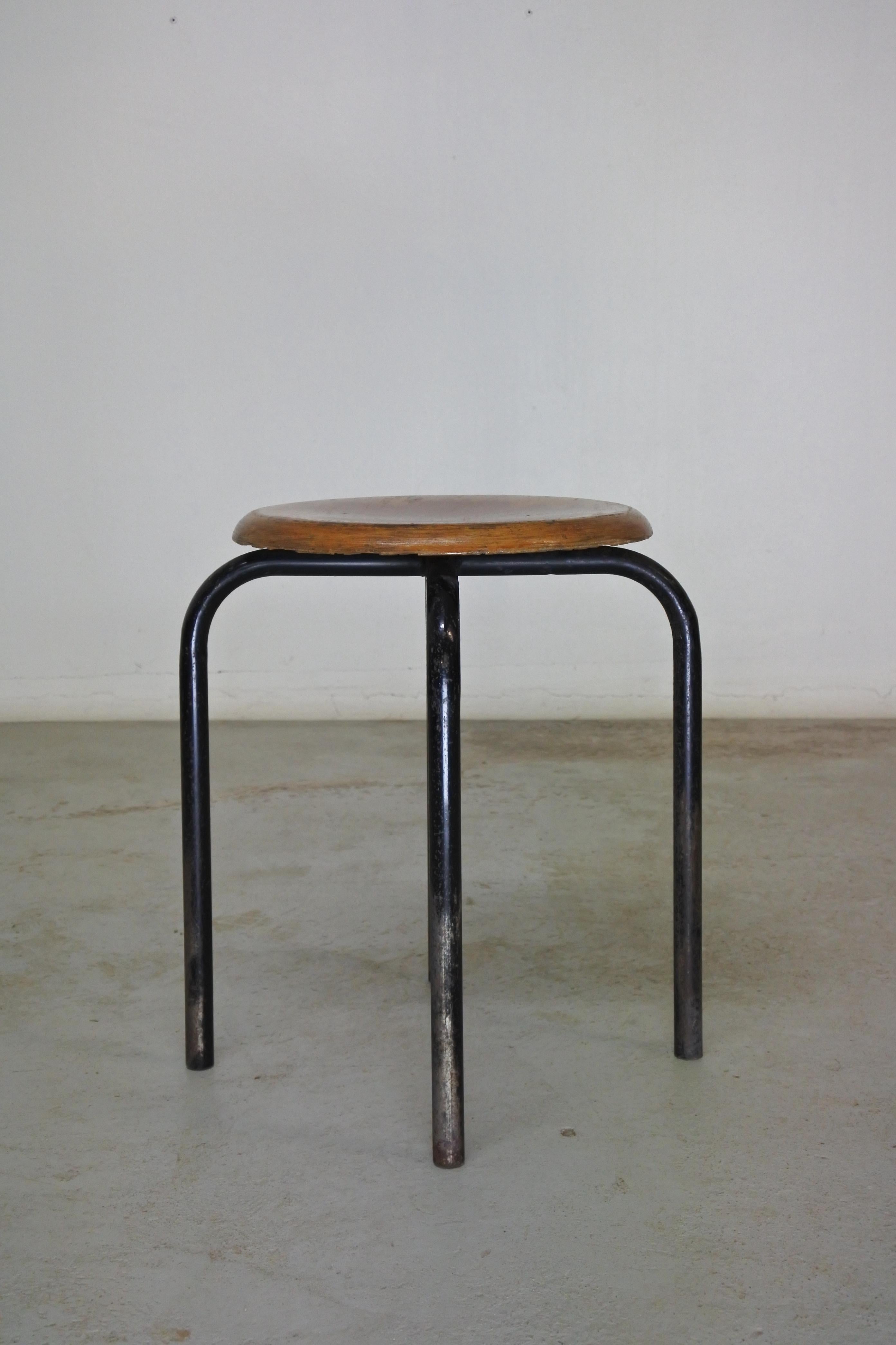 Mid-Century Modern Wood & Metal Stool Attr. to Atelier Jean Prouve, France 1950s 2