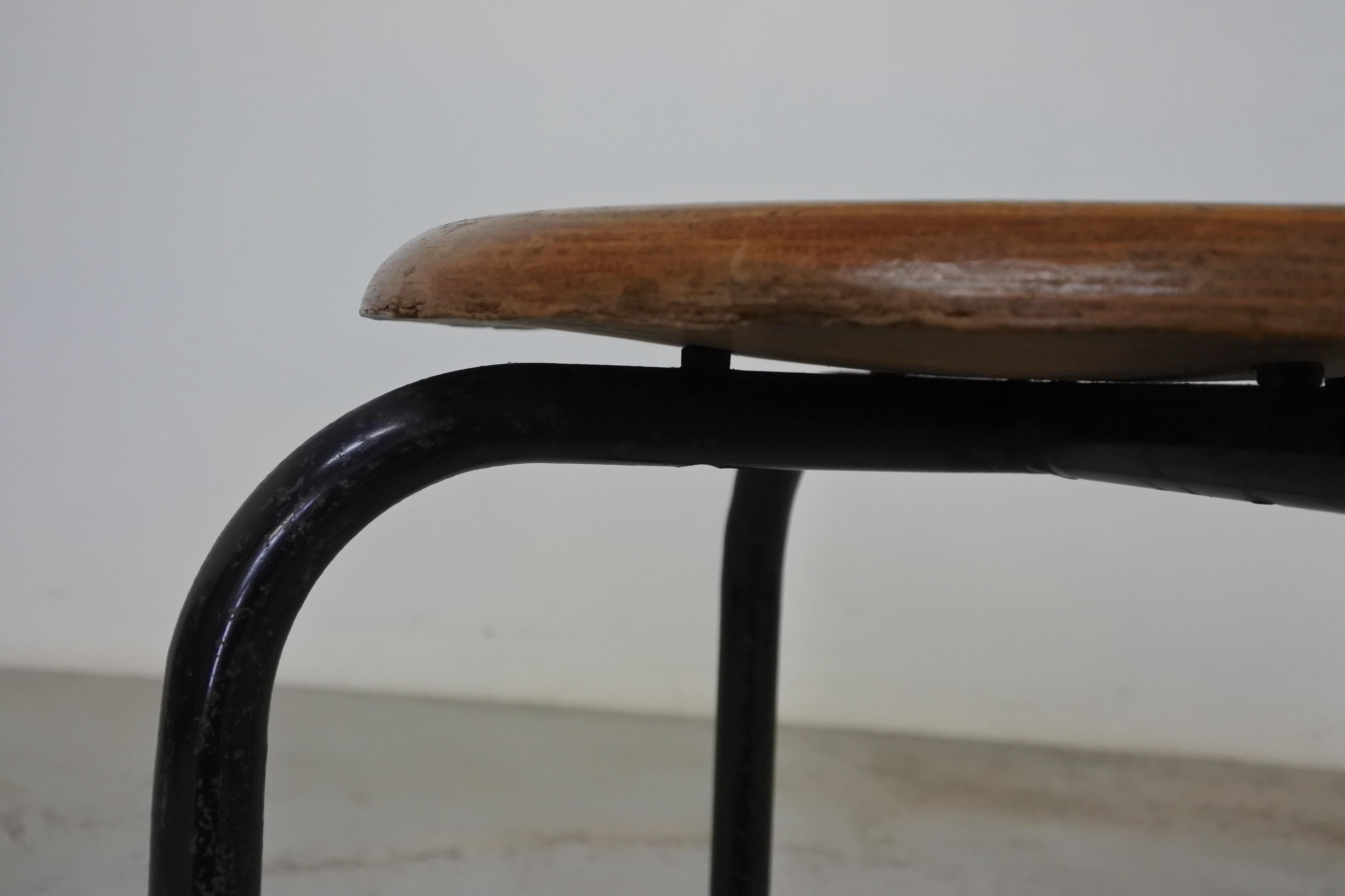 Mid-Century Modern Wood & Metal Stool Attr. to Atelier Jean Prouve, France 1950s 3