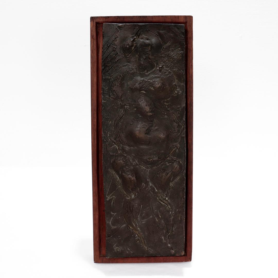 Mid-Century Modern Wood Mounted Bronze Plaque of a Rotund Woman signed Fane In Good Condition For Sale In Philadelphia, PA