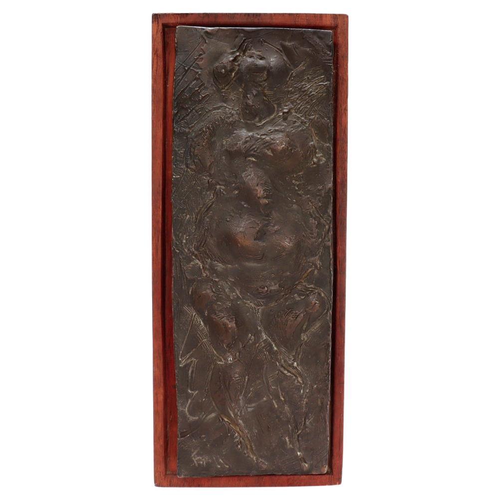 Mid-Century Modern Wood Mounted Bronze Plaque of a Rotund Woman signed Fane For Sale