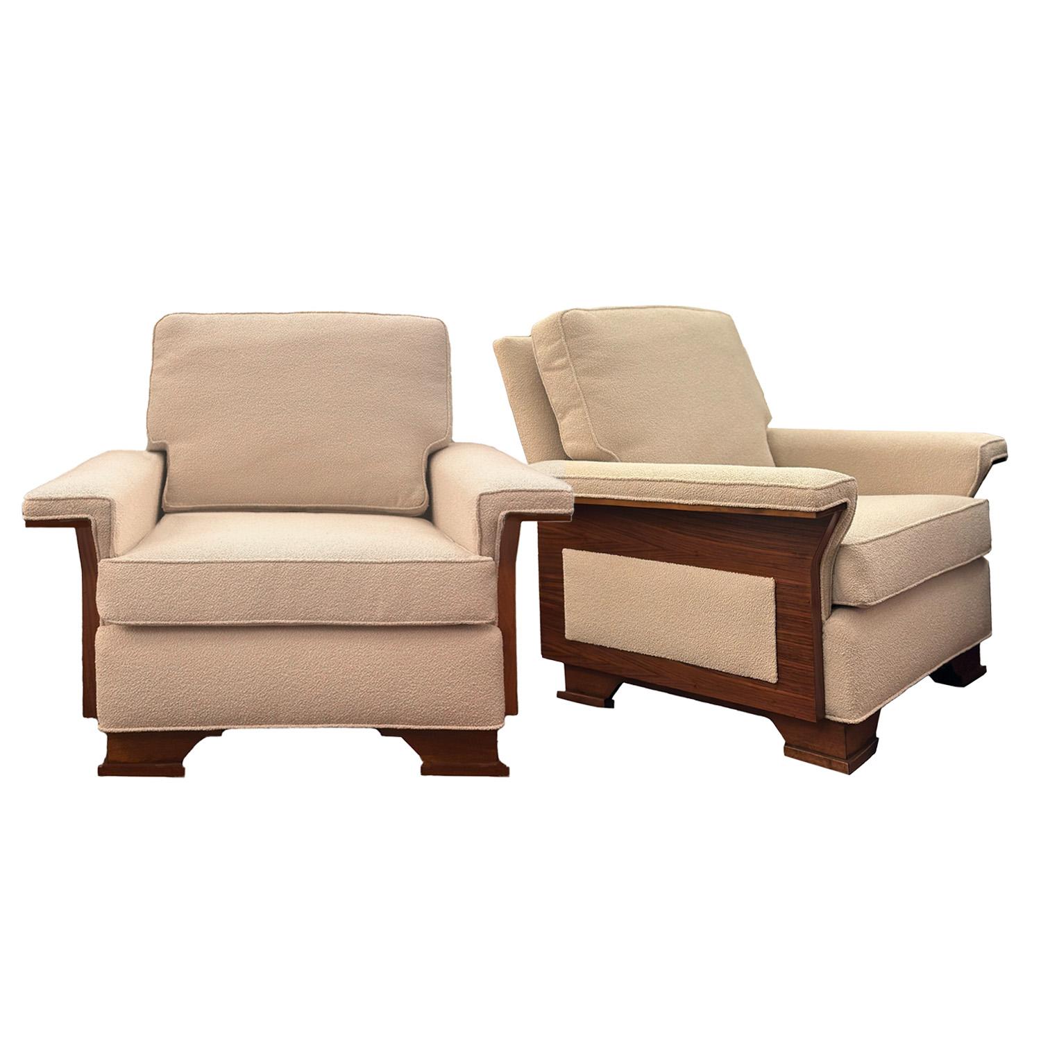 Combining comfort and charm, the plush boucle upholstery and clean lines of these paneled Mid-Century Modern arm chairs balance a sense of relaxation and sophistication, while dark wood accents add timeless elegance and appeal. Designed with