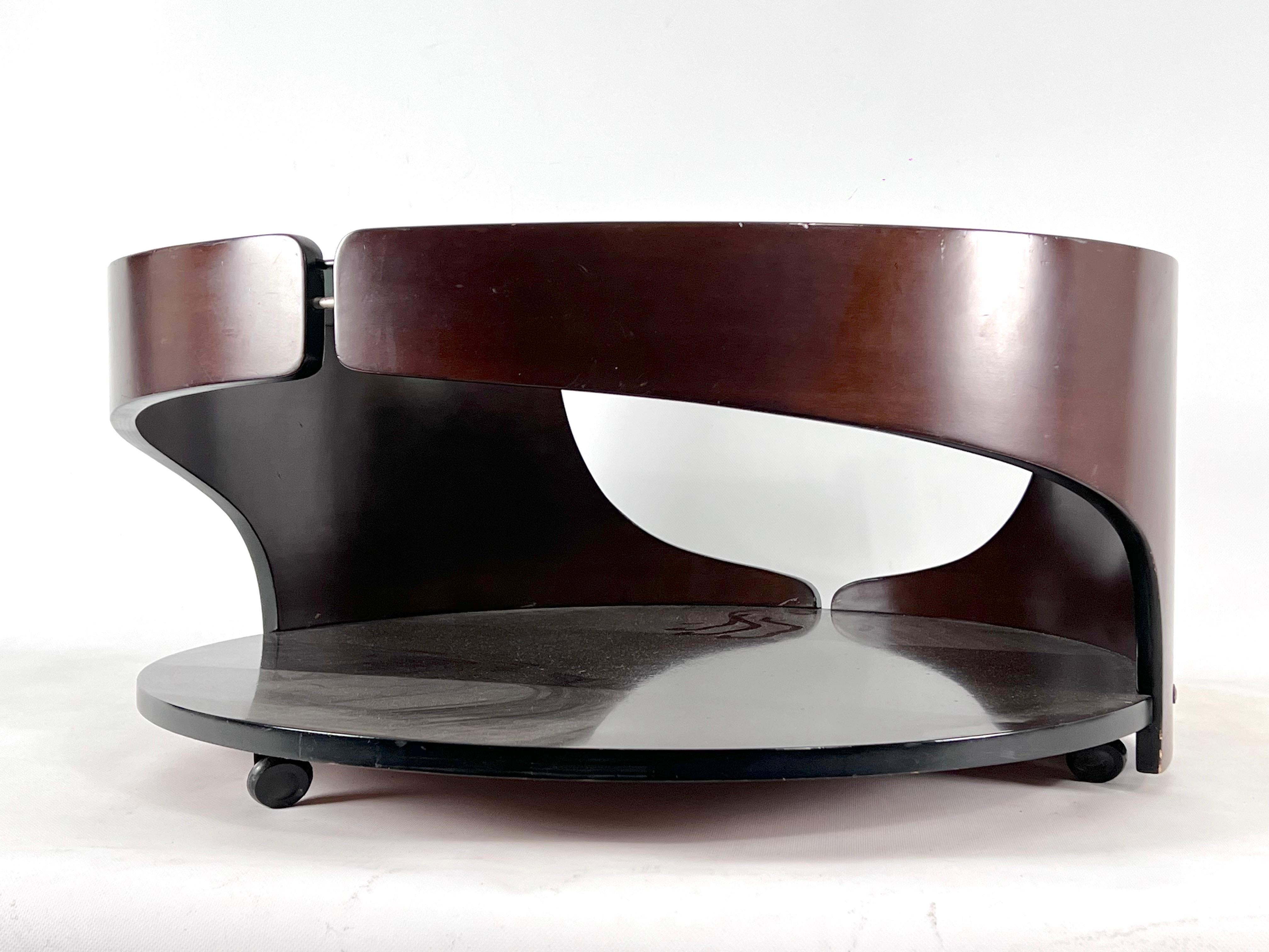 Glass Mid-Century Modern Wood Round Coffee Table in Gio Colombo Style. Italy 70s For Sale