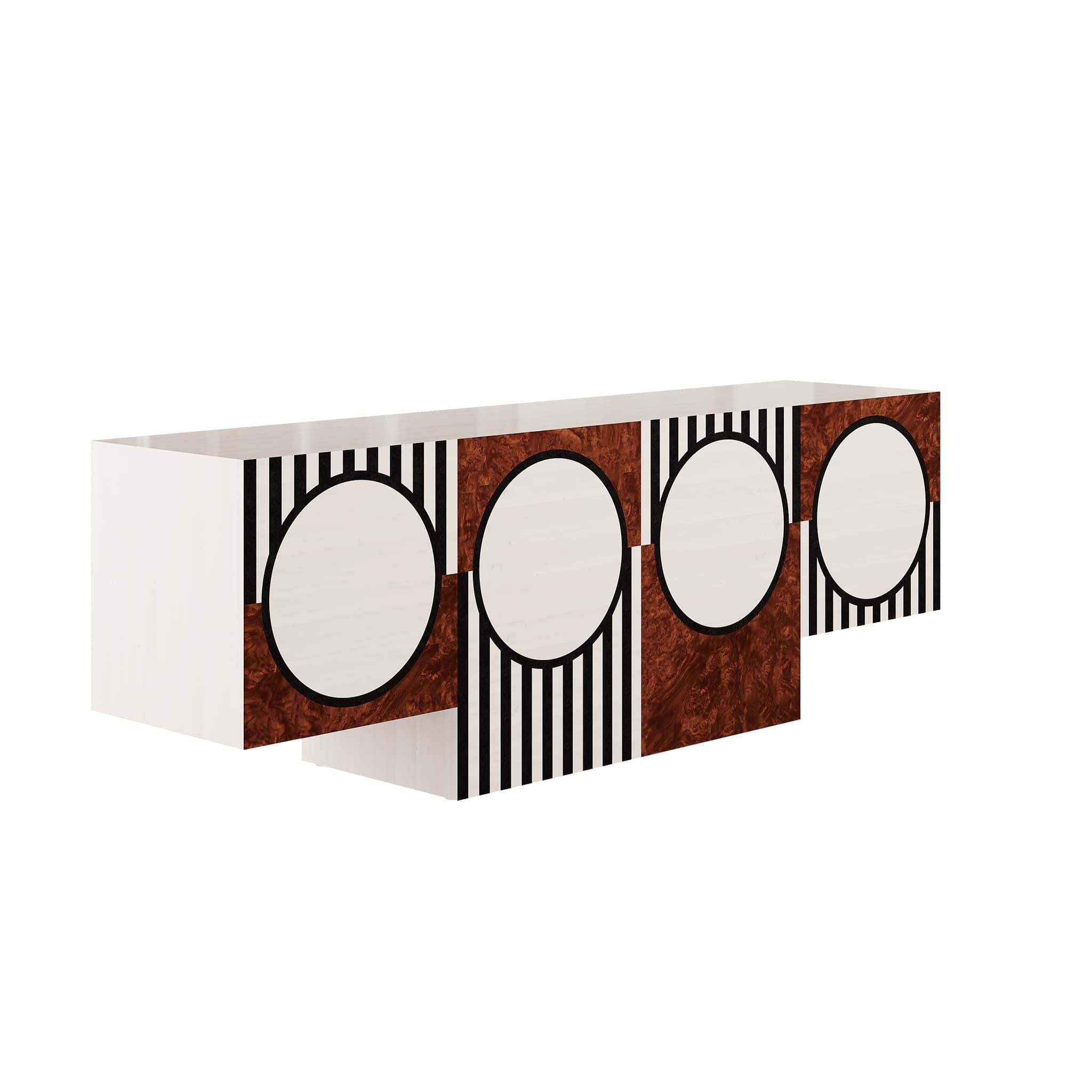 La credenza Jojo è stata progettata per infondere al tuo spazio abitativo raffinatezza ed espressione creativa. Questa credenza moderna vanta un'impeccabile maestria e un fascino senza tempo, messo in risalto dal suo sorprendente motivo geometrico
