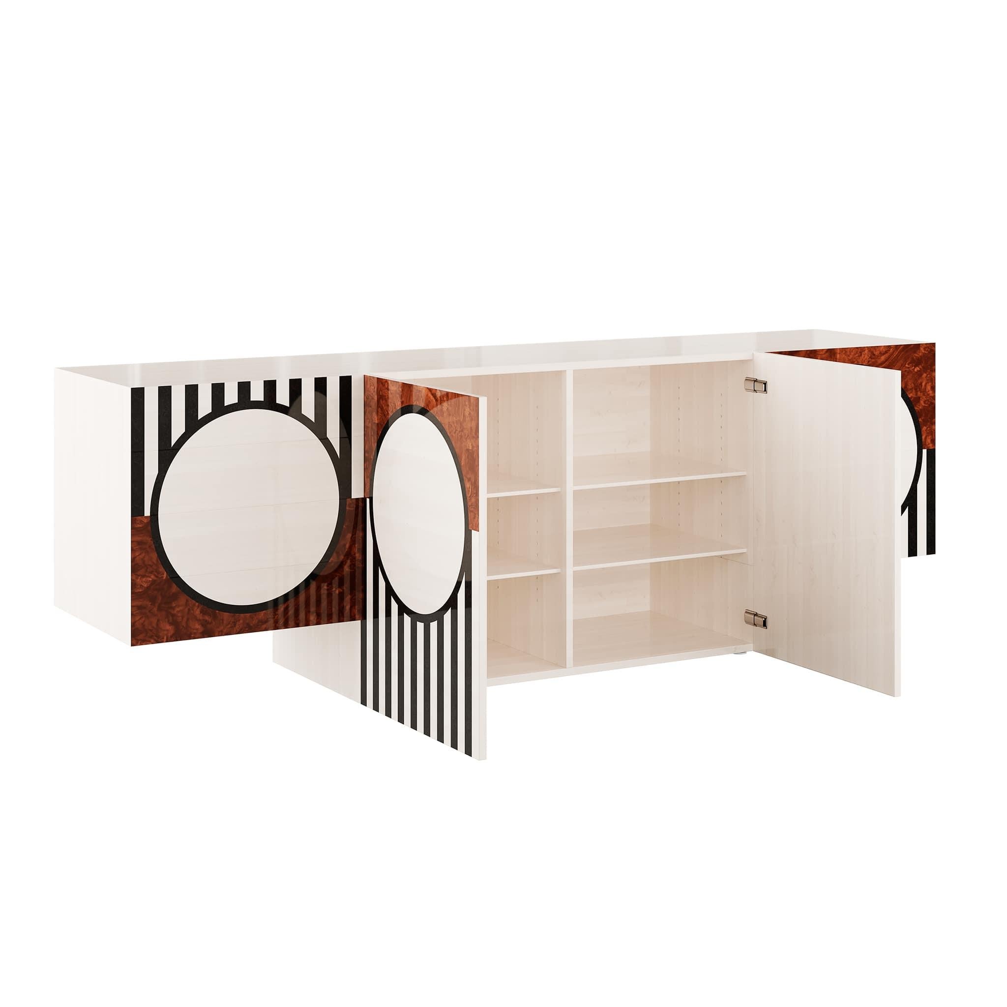 Portoghese Credenza in legno moderna di metà secolo con 2 porte e cassetti in stile retrò a strisce bianche e nere in vendita