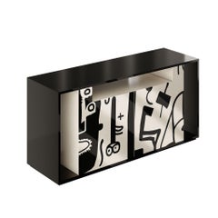Mid-Century Modern Wood Sideboard 2Doors Abstract Marquetery Black White Pattern