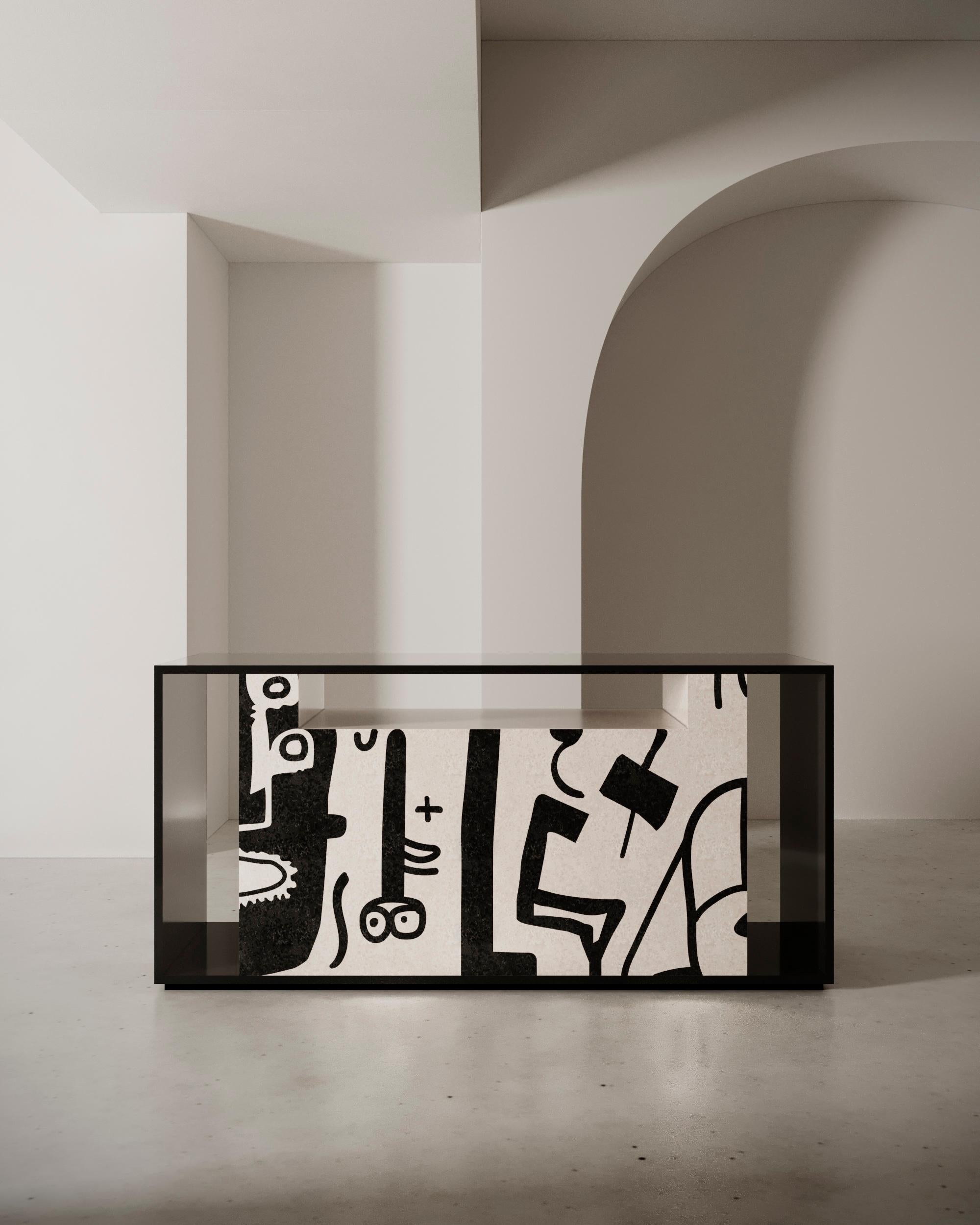 Mid-Century Modern Buffet en bois The MODERNITY 2Doors Abstract Marquetery Black White Pattern en vente