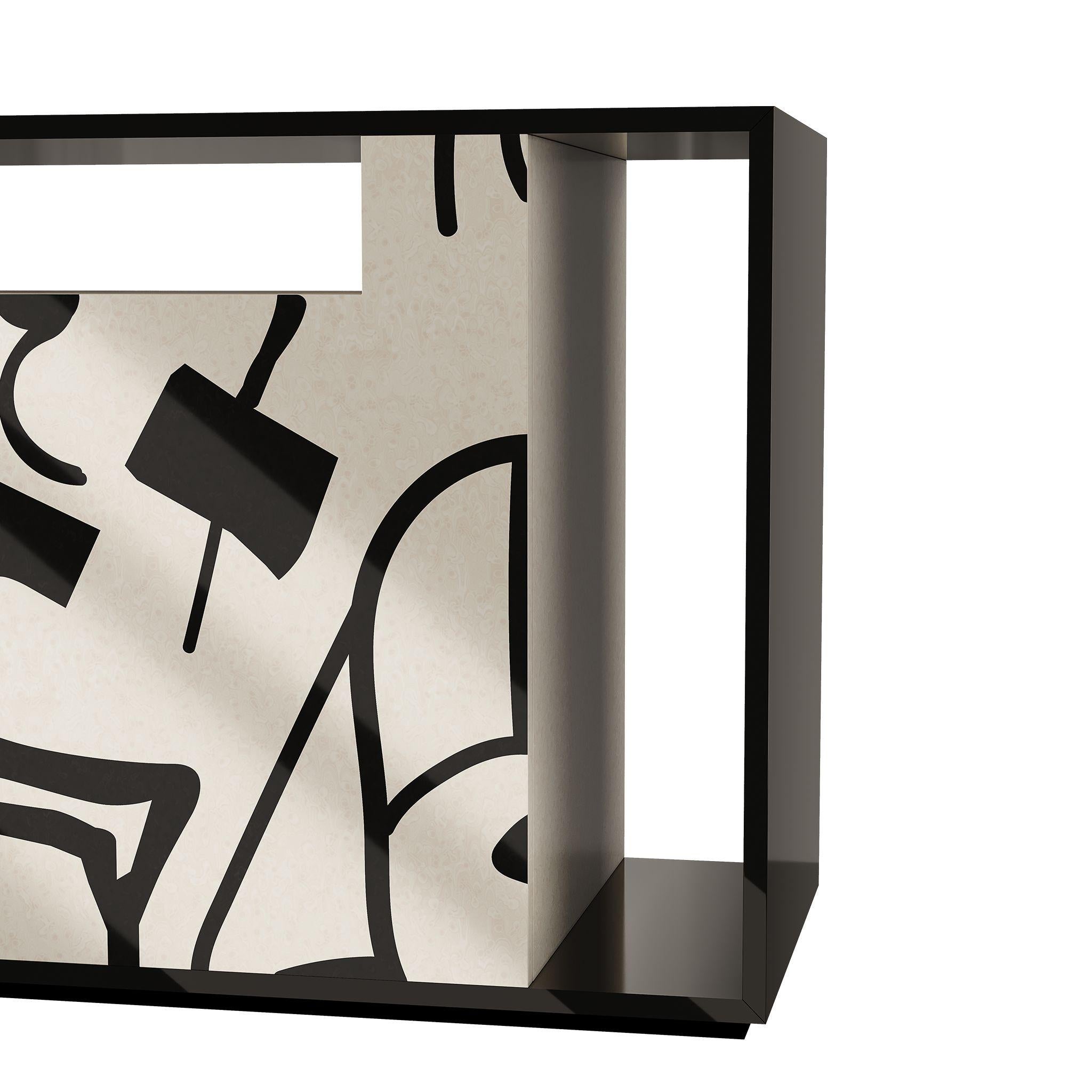 Portugais Buffet en bois The MODERNITY 2Doors Abstract Marquetery Black White Pattern en vente