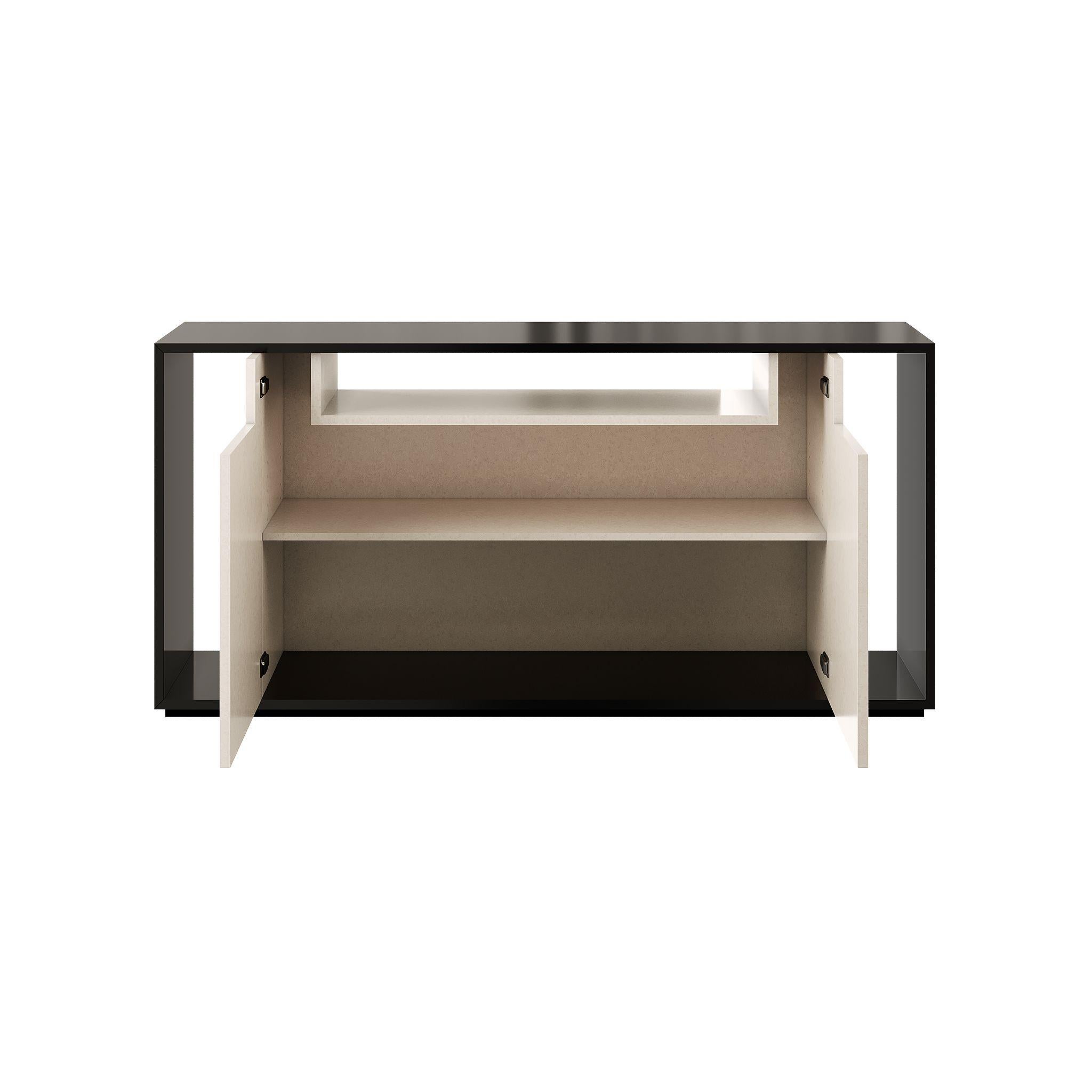 Fait main Buffet en bois The MODERNITY 2Doors Abstract Marquetery Black White Pattern en vente