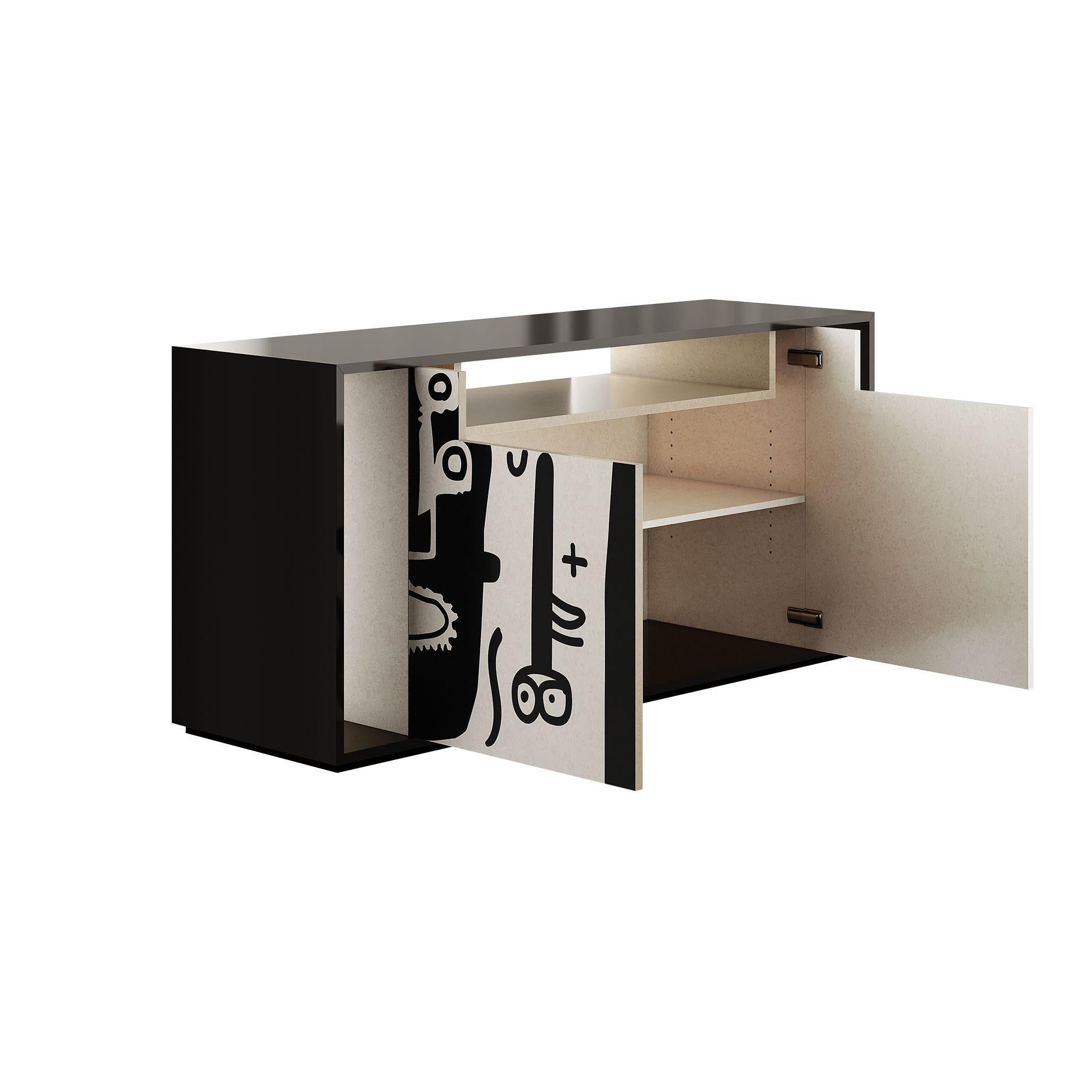 Buffet en bois The MODERNITY 2Doors Abstract Marquetery Black White Pattern Neuf - En vente à Porto, PT