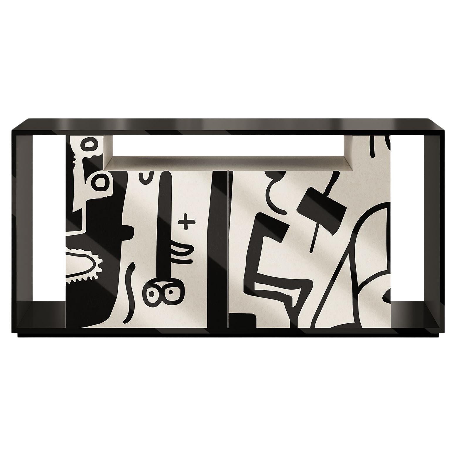 Buffet en bois The MODERNITY 2Doors Abstract Marquetery Black White Pattern en vente