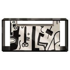 Credenza in legno moderna di metà secolo 2Doors Abstract Marquetery Black White Pattern