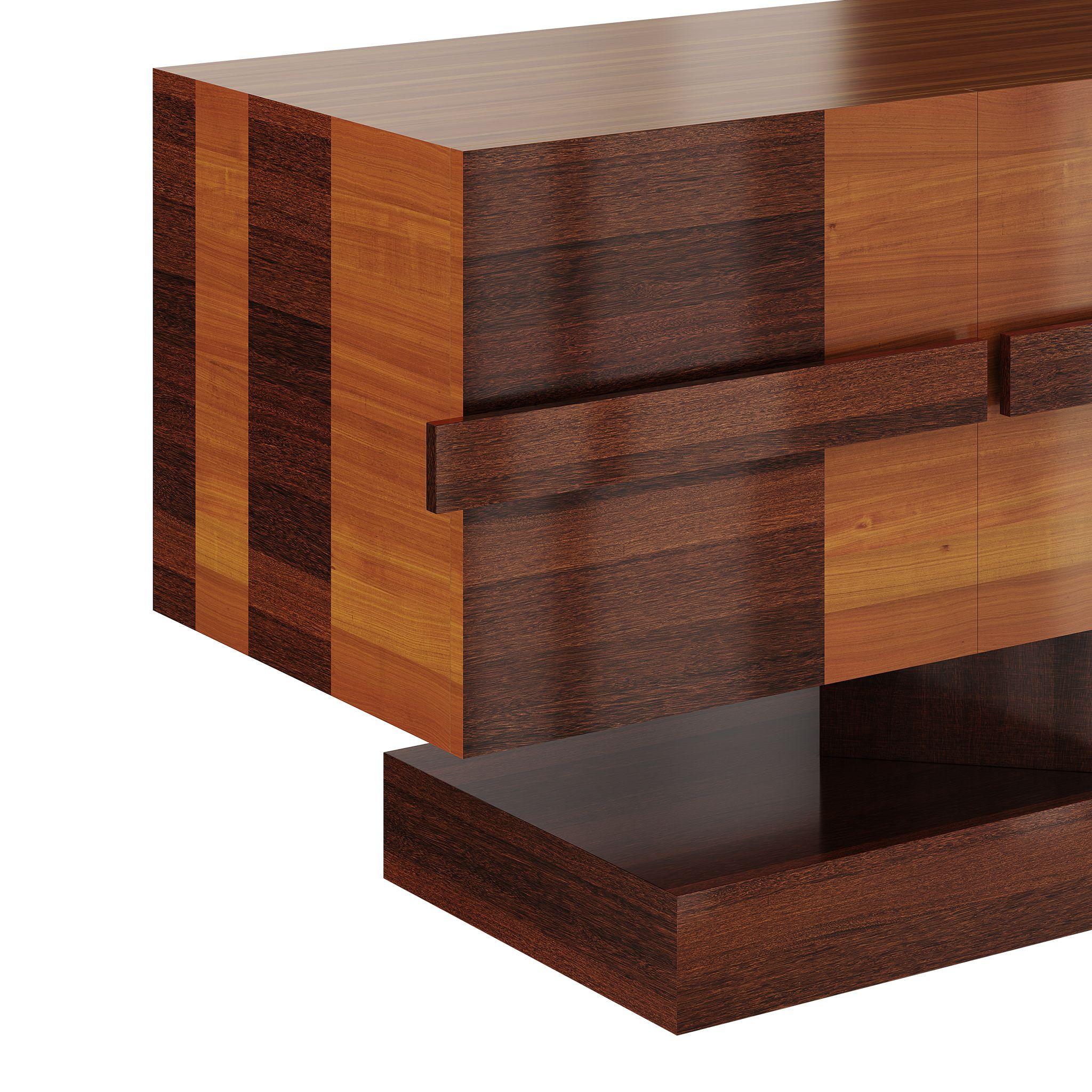 Arts and Crafts Mid-Century Modern Wood Sideboard 3 Drawers Cherry Wood Veneer Marquetry For Sale
