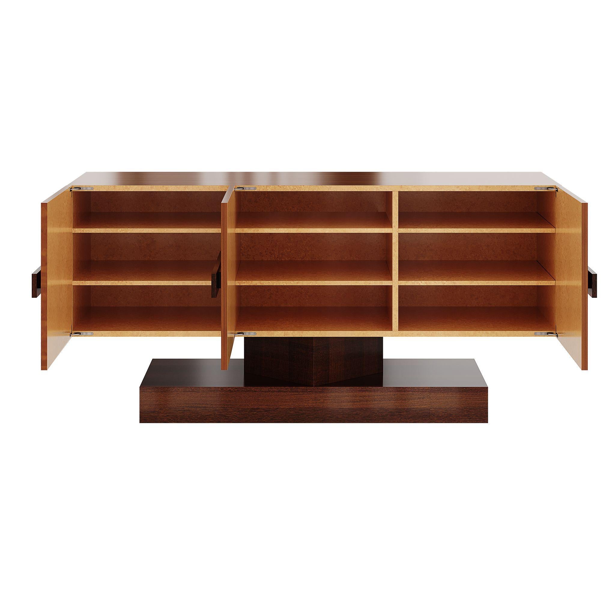 Portuguese Mid-Century Modern Wood Sideboard 3 Drawers Cherry Wood Veneer Marquetry For Sale