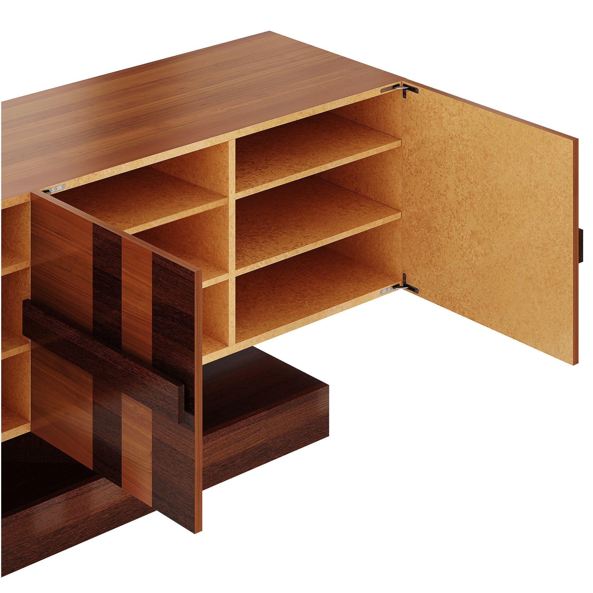 Hand-Crafted Mid-Century Modern Wood Sideboard 3 Drawers Cherry Wood Veneer Marquetry For Sale