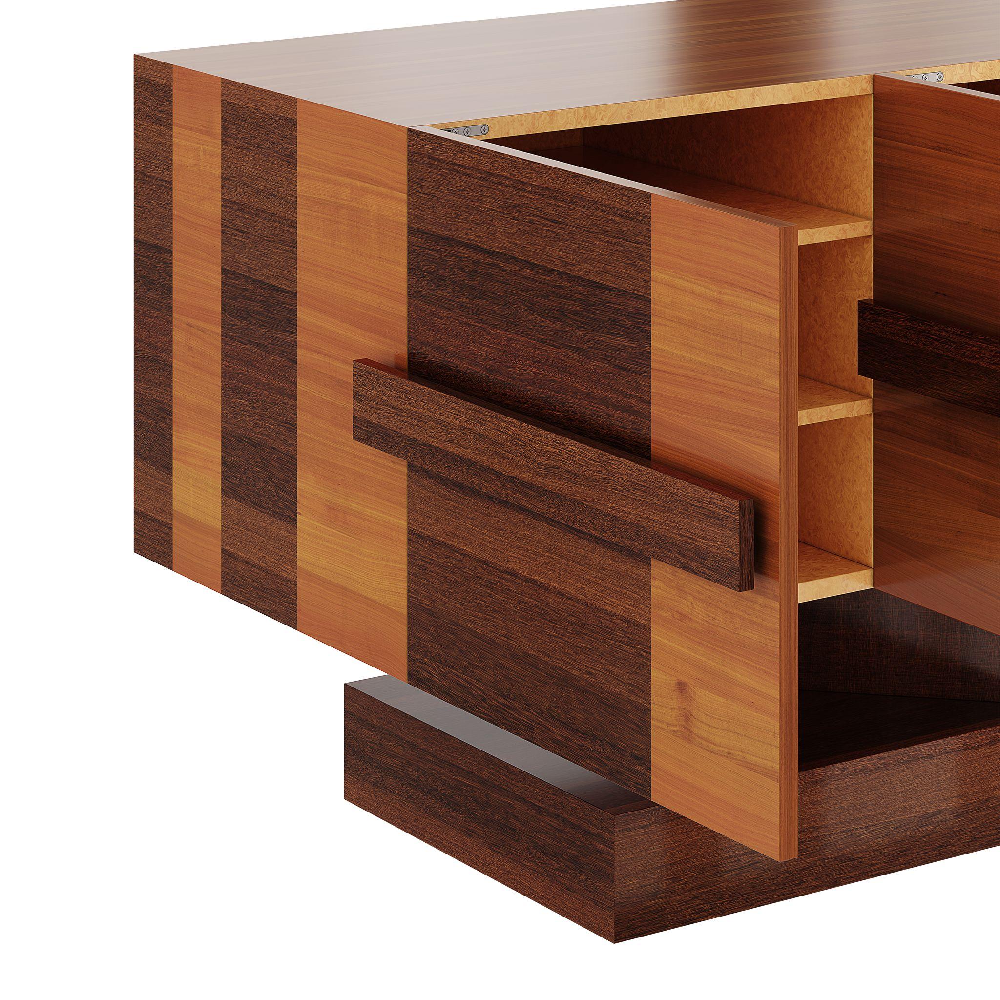 Mid-Century Modern Wood Sideboard 3 Drawers Cherry Wood Veneer Marquetry In New Condition For Sale In Porto, PT