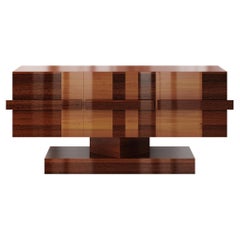 Buffet moderne du milieu du siècle dernier à 3 tiroirs en placage de bois de cerisier avec marqueterie