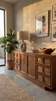 Mid-Century Modern Wood Sideboard with Retro Handles & Storage, 65”