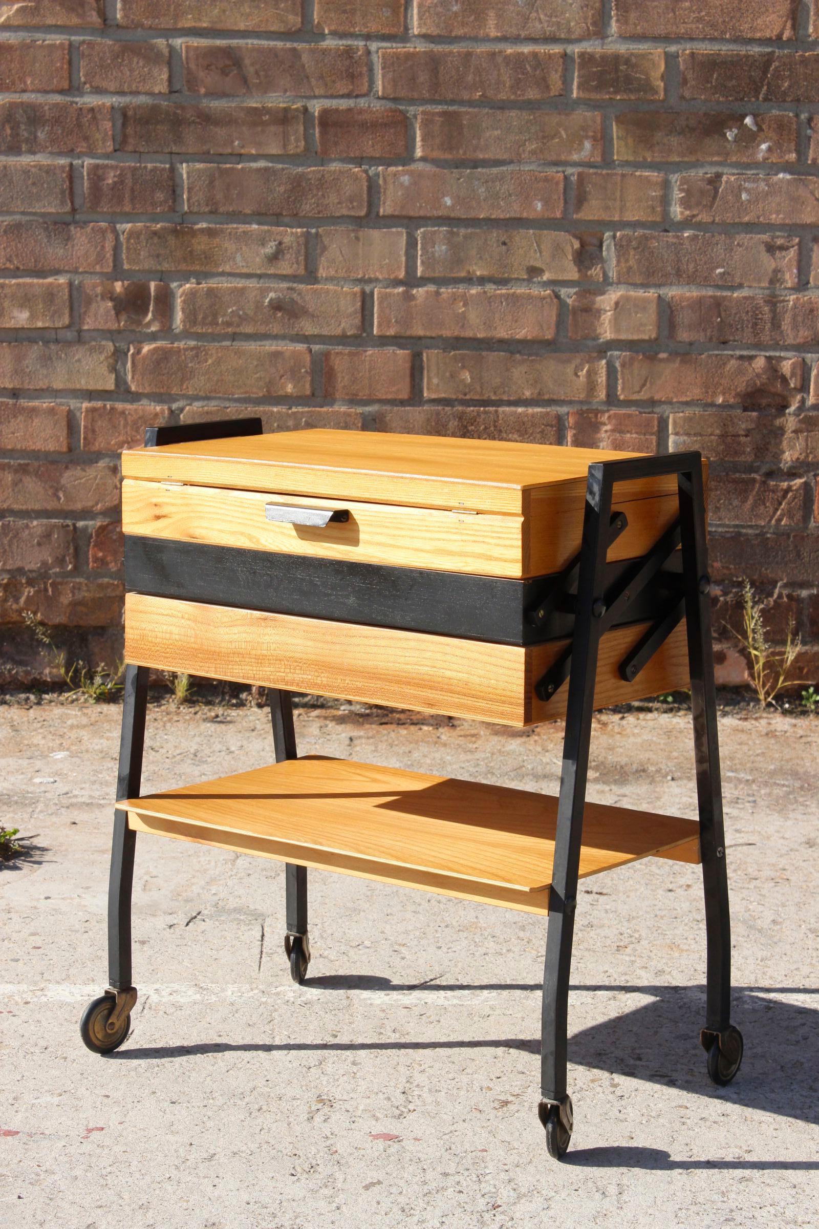 Mid-Century Modern Mid-century modern wood & steel sewing side table  For Sale